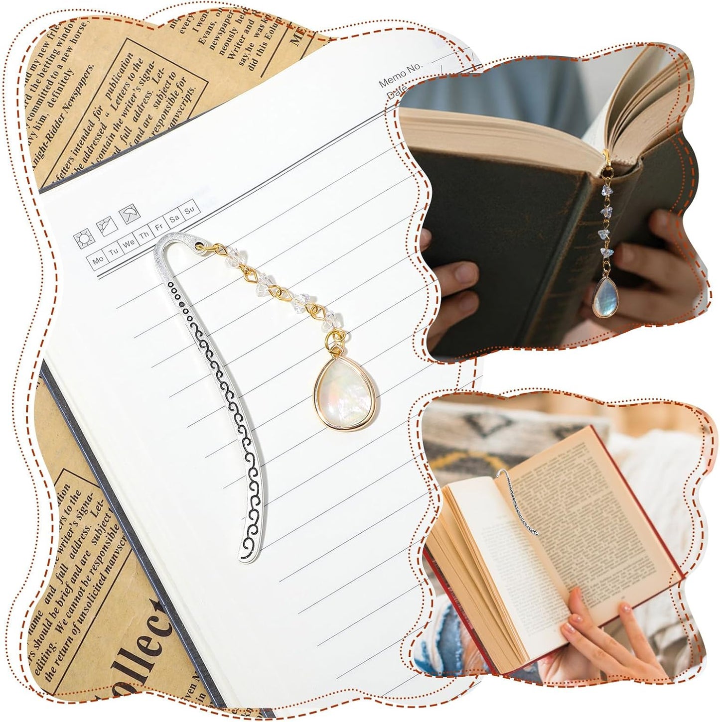 Vintage Metal Bookmark, Bookmark with Pendant, Embossed Bookmarks Elegant Opal Bookmarks with Drop Shell&Clear Quartz Crystal Stones Bead Chain for Women Men Book Lovers Teachers Girls (Silver)