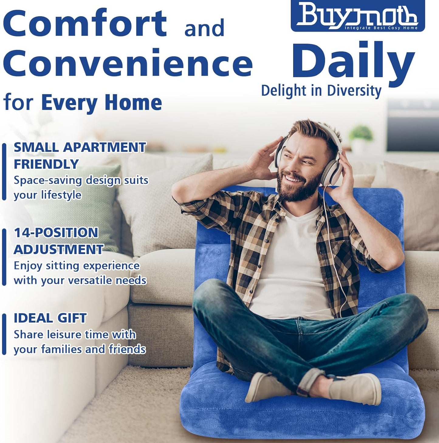 Floor Chair 14 Adjustable Positions w/Back Support, Padded Lazy Sofa w/Breathable Cotton & Skin-Friendly Coral Velve for Reading Meditating Gaming,Blue
