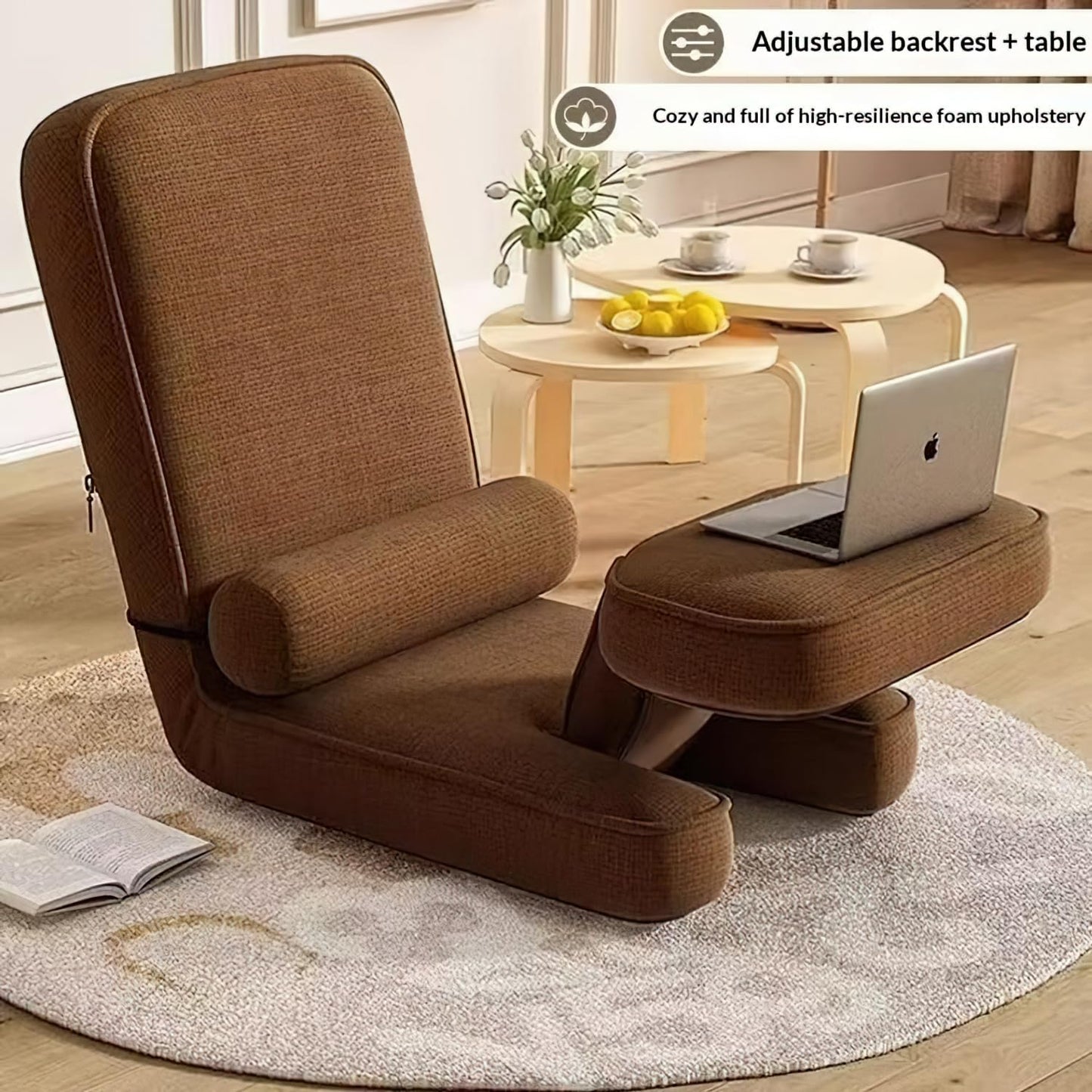 Ergonomic Small Sofa Chair, Tatami Bed, Adjustable backrest Chair, Lazy Sofa, Bedroom Computer Chair, Folding Lounge Chair (Coffee Brown)