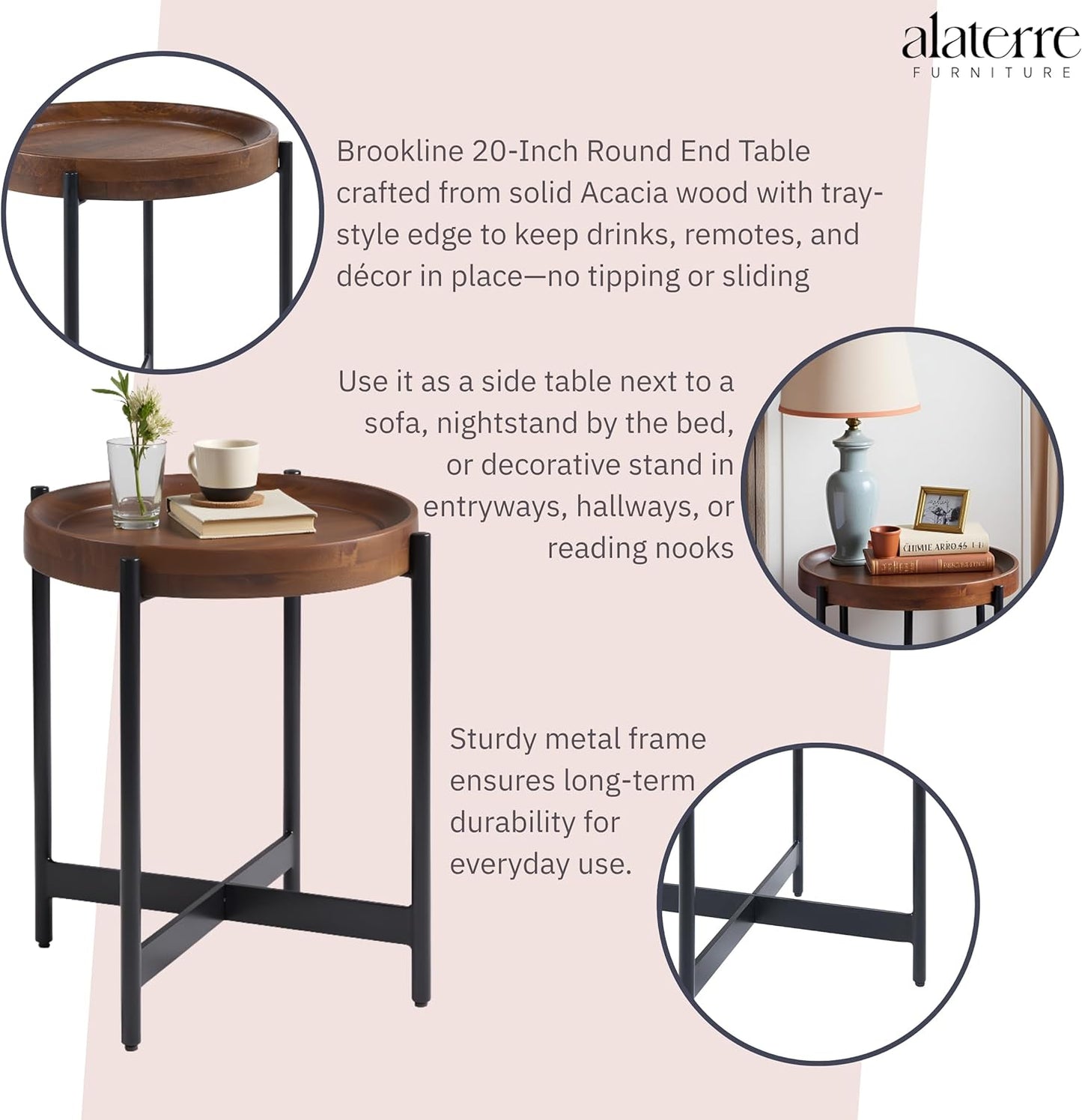 Brookline 20" Round Wood End Table – Solid Top with Tray Edge and Black Metal Legs – Rustic Farmhouse Accent Table for Living Room, Bedroom, or Small Spaces by Alaterre Furniture (Medium Chestnut)