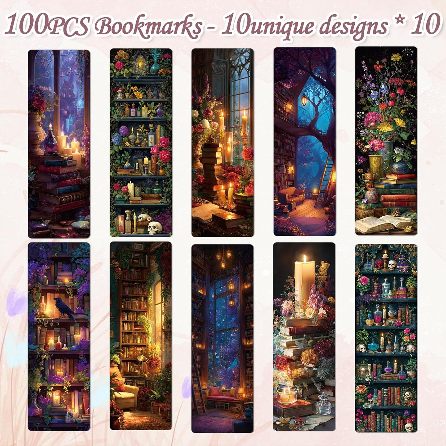 Dark Academia Bookmarks Gifts - Wxiben 100Pcs Floral Library Bookshelf Book Marks Fantasy Witchy Apothecary Book Markers Page Clip GIF for Women Men Students Teacher Romantasy Reader Bookish