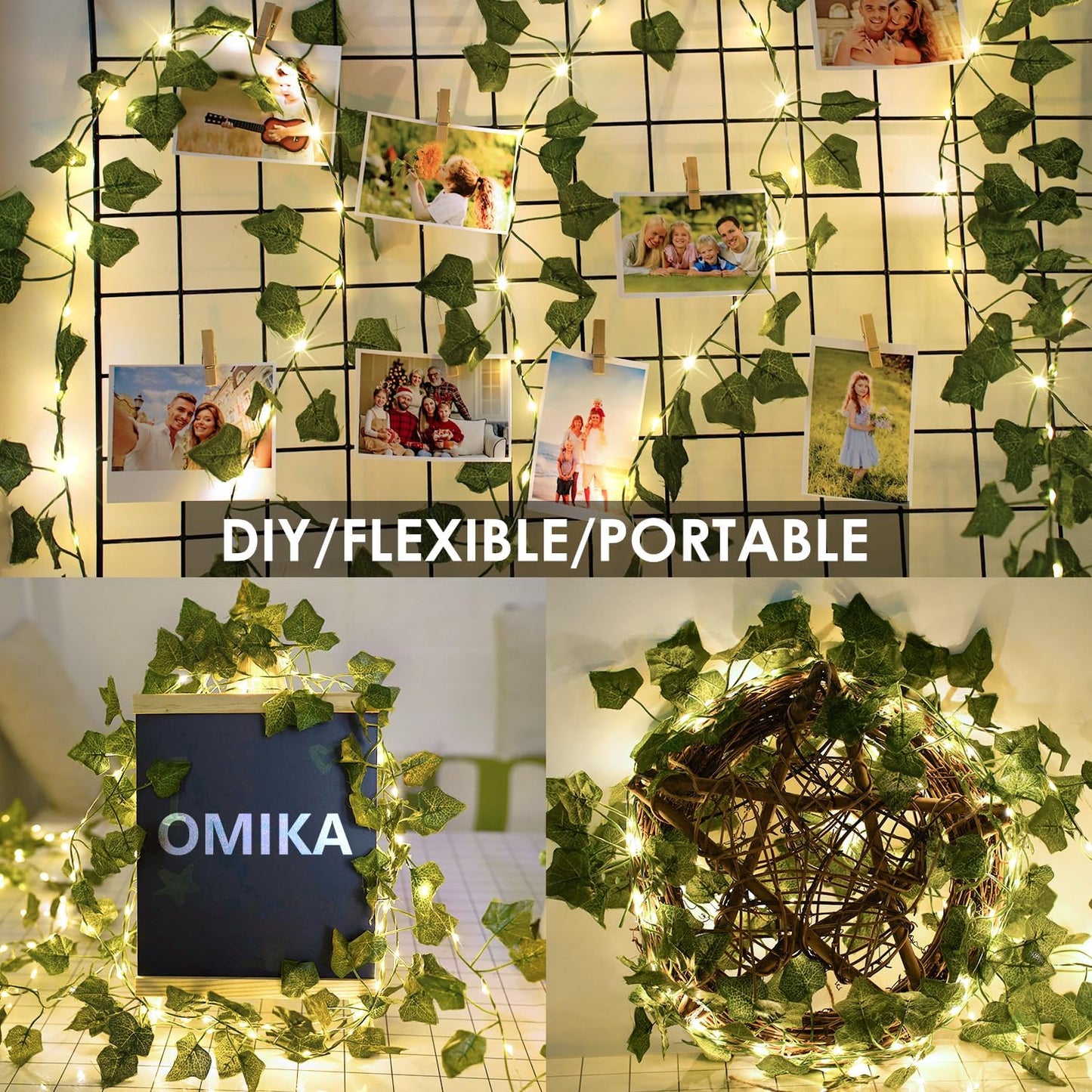 OMIKA Vine with Fairy Lights Plug in, 66FT 200 LED Ivy String Lights Connectable with Remote, Leaf Light Waterproof for Bedroom, Room, Wall, Garden, Party, Wedding Decor (Warm White)