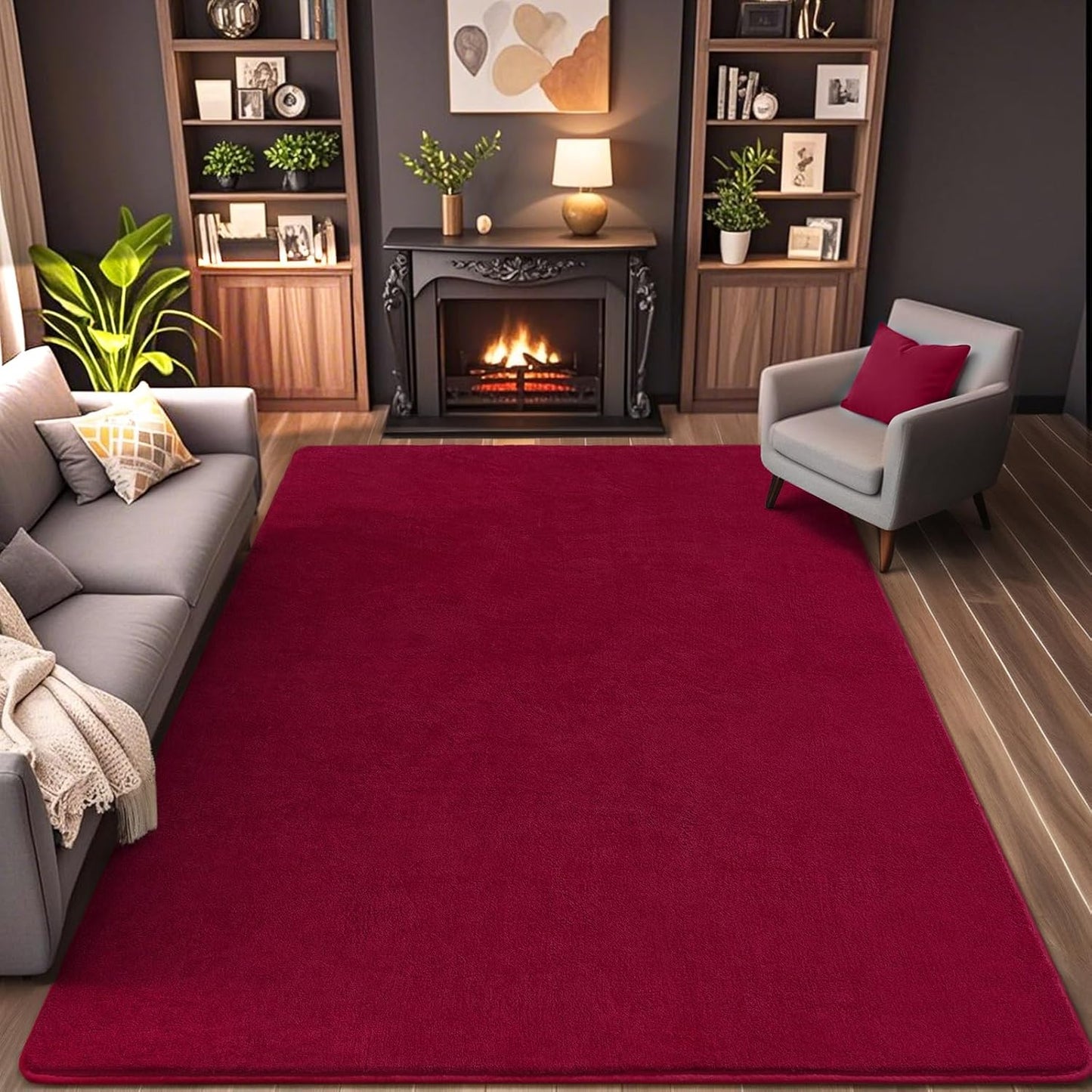 AROGAN Modern Shag Area Rug for Living Room, 5x7 Feet Washable Indoor Floor Carpet, Plush Memory Foam Bedside Rugs for Kids Girls Teens, Low Pile Decor, Wine Red
