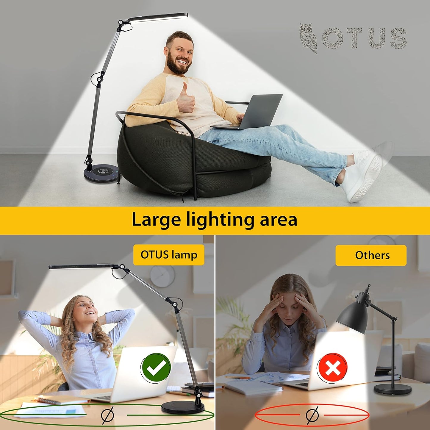 OTUS LED Architect Desk Lamp for Home Office with Wireless Charger, Adjustable Swing Arm, 32 in Tall, 11.8 in Panel, 3 Color Modes, 12 Dimmable Levels, Eye-Caring for Reading, Study, Video Calls