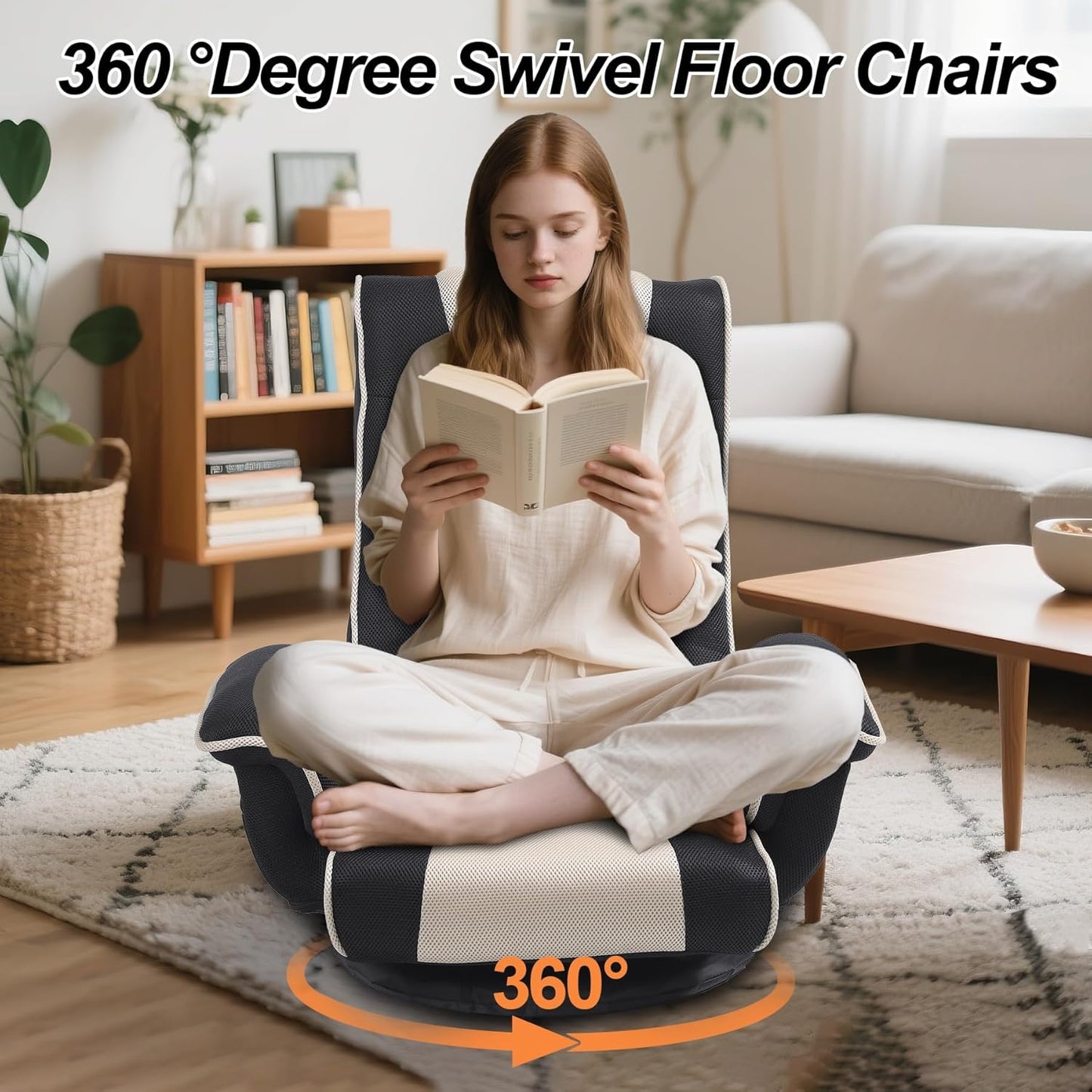 Linen Fabric Ergonomic Gaming Chair, 6-Position Reclining Sofa Bed with Lumbar Support, Foldable Floor Lounger with Thick Cushion, Armrests & Side Pockets for Esports, Reading, Napping (Grey + Beige)