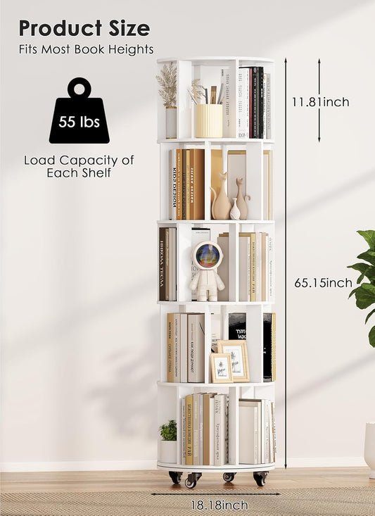 5 Tier 360° Rotating Bookshelf, Adjustable Small Space Bookcase on Wheels, Revolving Round Wood Bookshelves, Tall Narrow Storage Book Shelf Tower for Bedroom Office Kids Room (White)