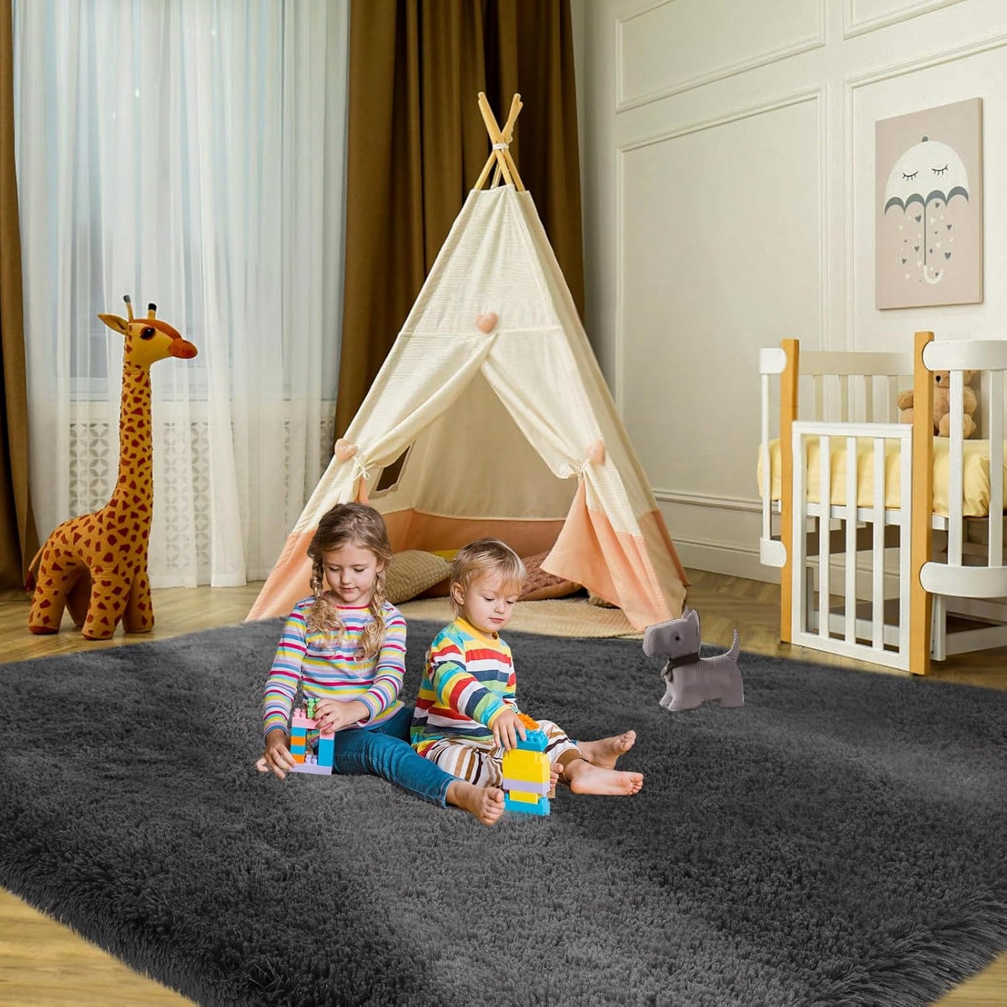 Fluffy Fuzzy Area Rug for Bedroom: Ultra Soft Grey Plush Throw Rug - 4x6