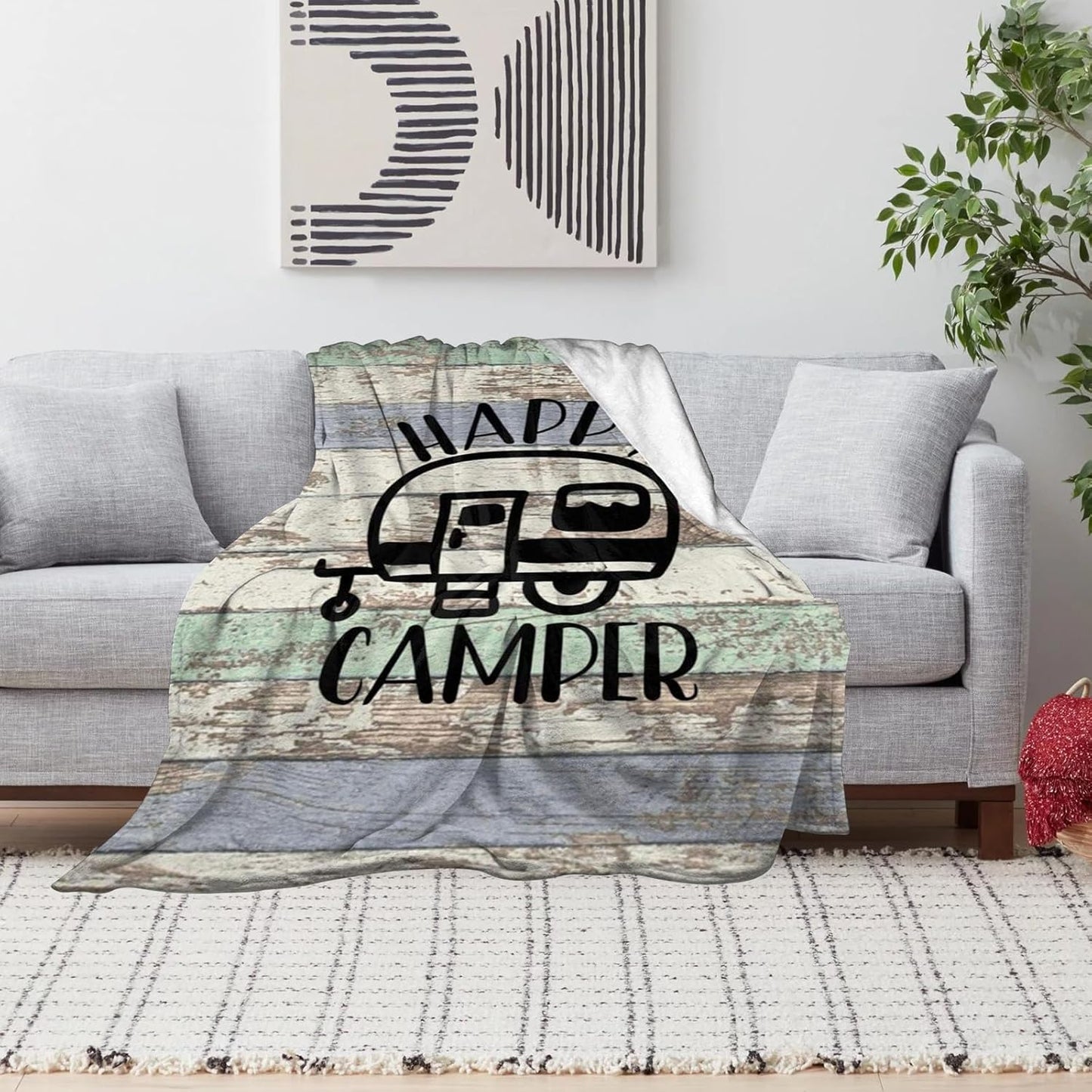 Syhonic Travelling Camping Blanket for Happy Camper Throw Blanket for Sofa Couch, Vintage Camping Theme Flannel Blanket for RV Farmhouse Living Room Bedroom Decor 50"x40"