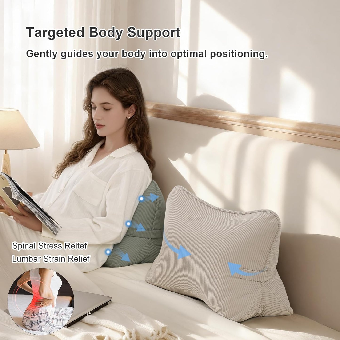 Corduroy Lumbar Support Back Pillow for Watching TV, Relaxing & Gaming, Ergonomic Triangle Support Cushion for Sofa, Armchair & Bed Sitting, Removable Washable Cover, Beige Gray