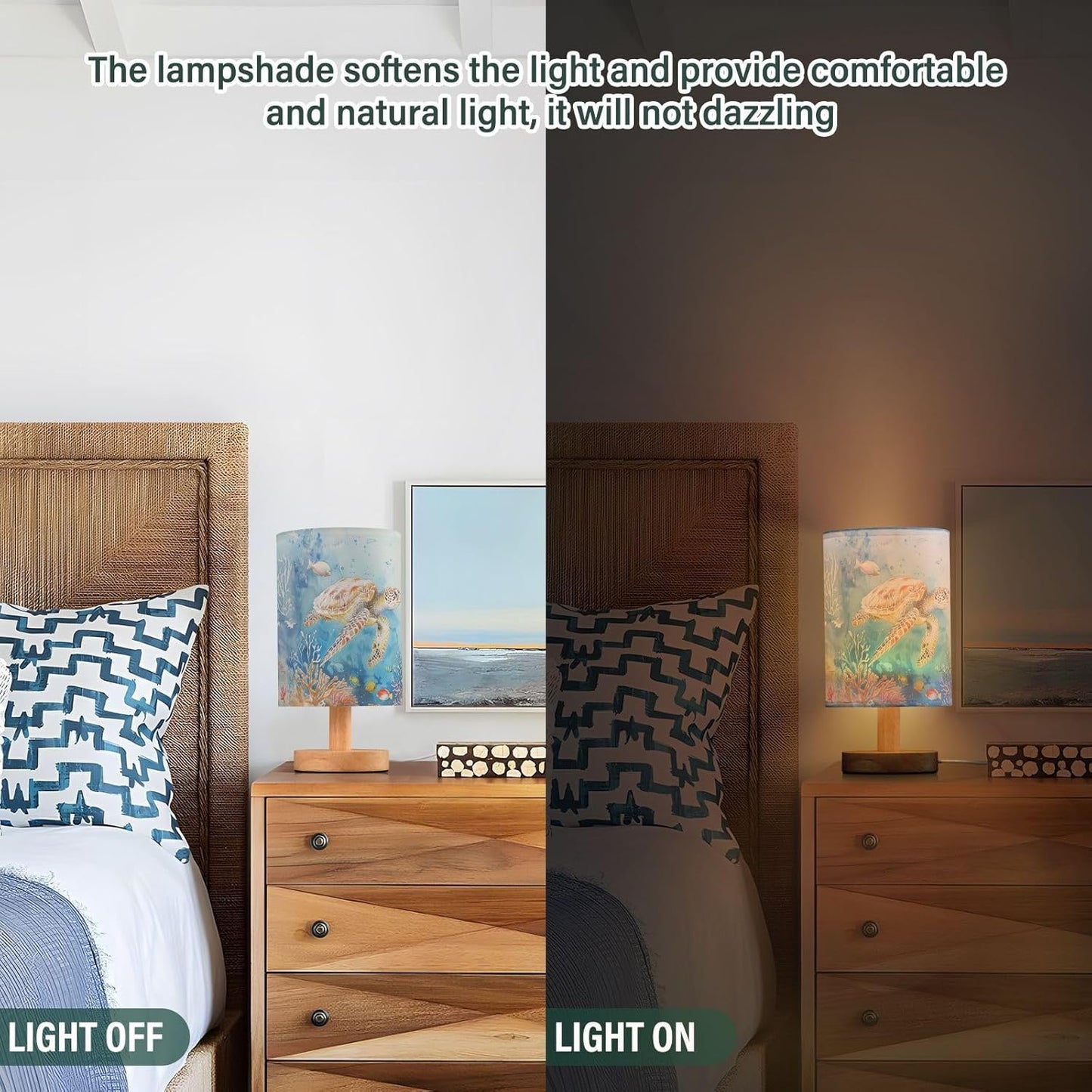 Sea Turtle in Ocean Marine Life Table Lamp for Bedroom USB Port Lamps Small Accent Table Lamp Nightstand Lamp Study Linen Shade with Wooden Base, Decorative Lamps for Bedside Reading|Kids|Dorm|Home