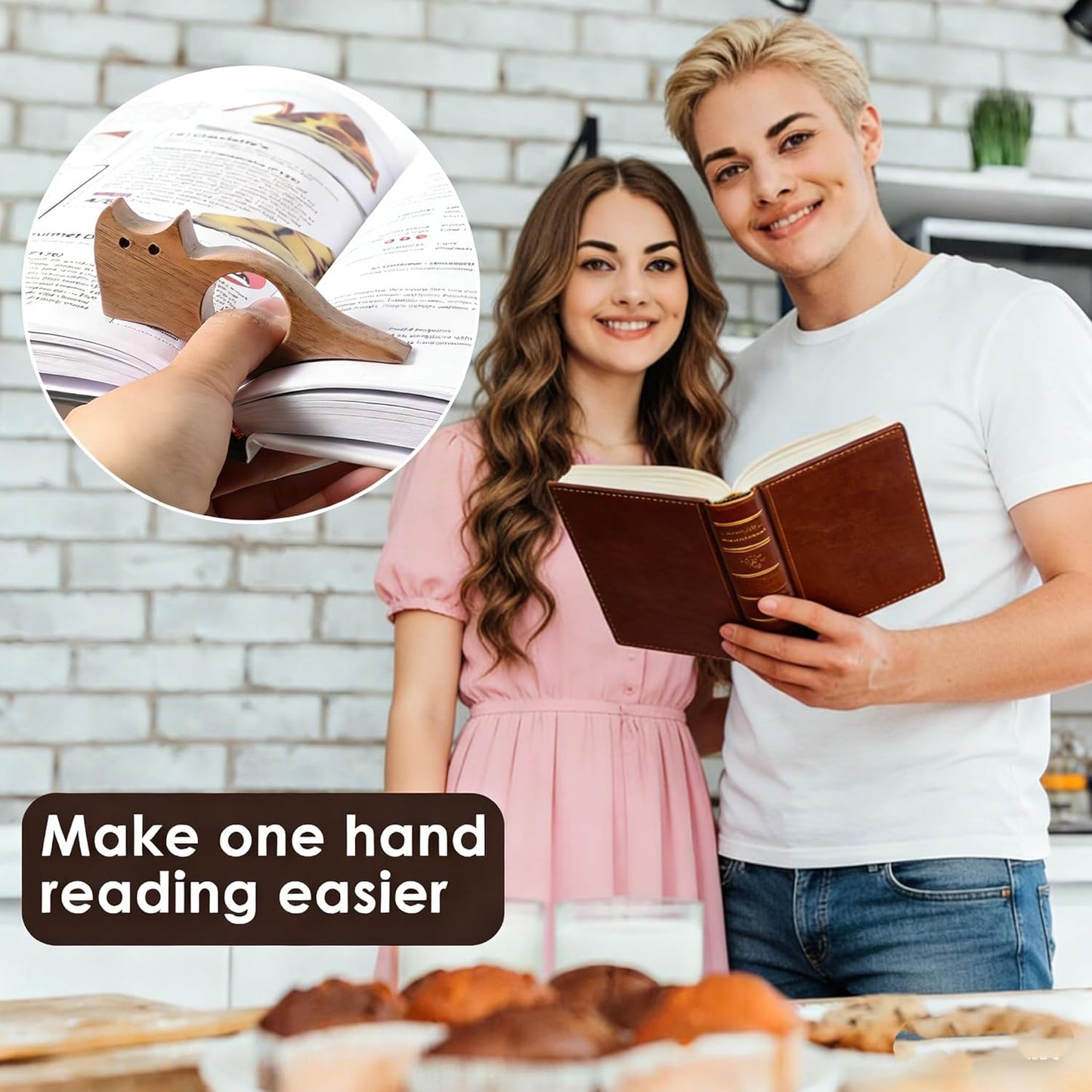 Wooden Book Thumb Page Holder for Women Men Leather Weighted Bookmarks Book Weight Page Holder Reading Accessory Gift for Reader Writer Lover Book Worm Mom Father Gift (PH02Page Holder-Cat, Large)