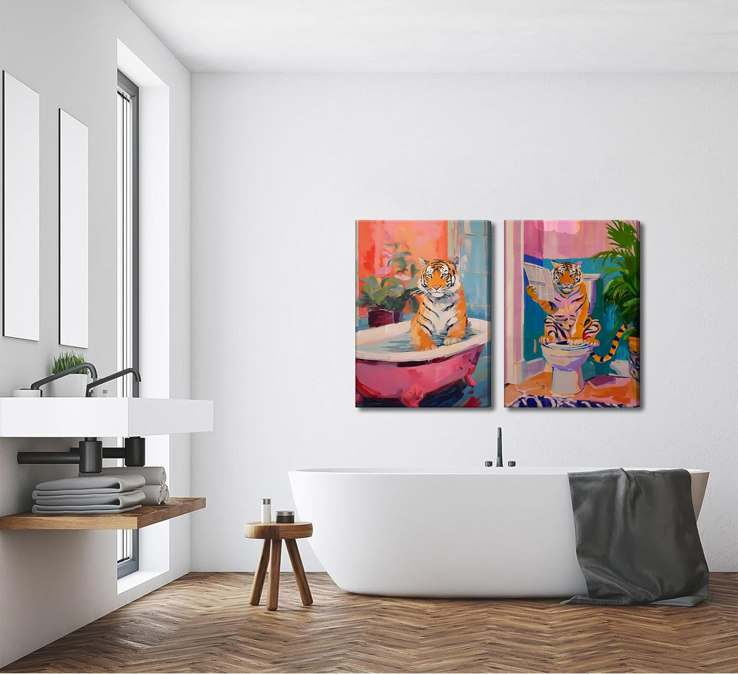 2Pcs Interesting Bathroom Tiger Canvas Wall Art Eclectic Pink Kitsch Aesthetic Animal in Bathtub Painting Picture Wall Decor Fashion Dopamine Poster Print Artwork for Restroom Home Decoration (Canvas, 16x24in)