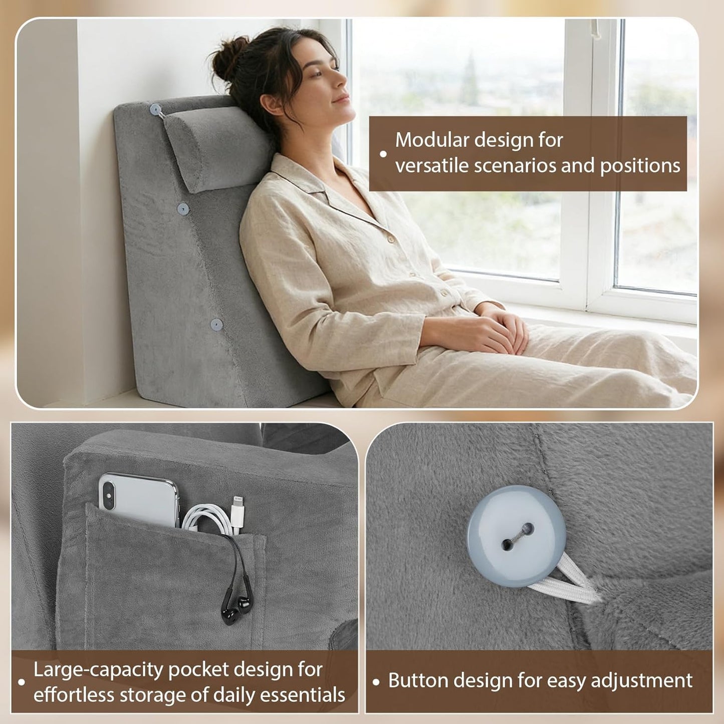 Reading Pillow Set, Reading Pillow with Built-in Arms, 25D High-Density Foam, Suitable for Sitting Up in Bed, with A Back Support Cushion for Lying Down, Playing, Resting,Or Working on A Sofa Or Floor