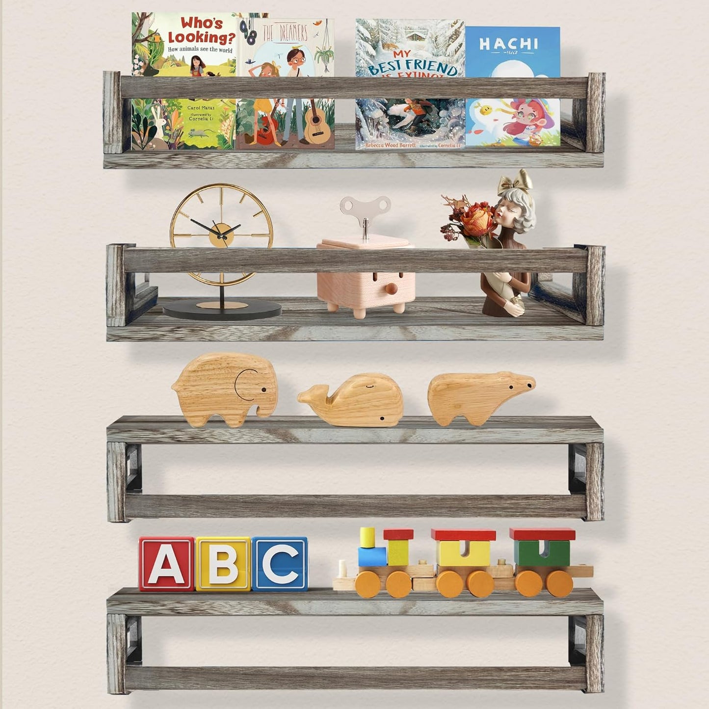 bealy Floating Shelves,Set of 4- Multi-Use Wall-Mounted Bookshelves for Kids,Book Shelf for Kids Room, Nursery Book Shelves,Ideal for Books,Spice Rack Toys and Decor Storage
