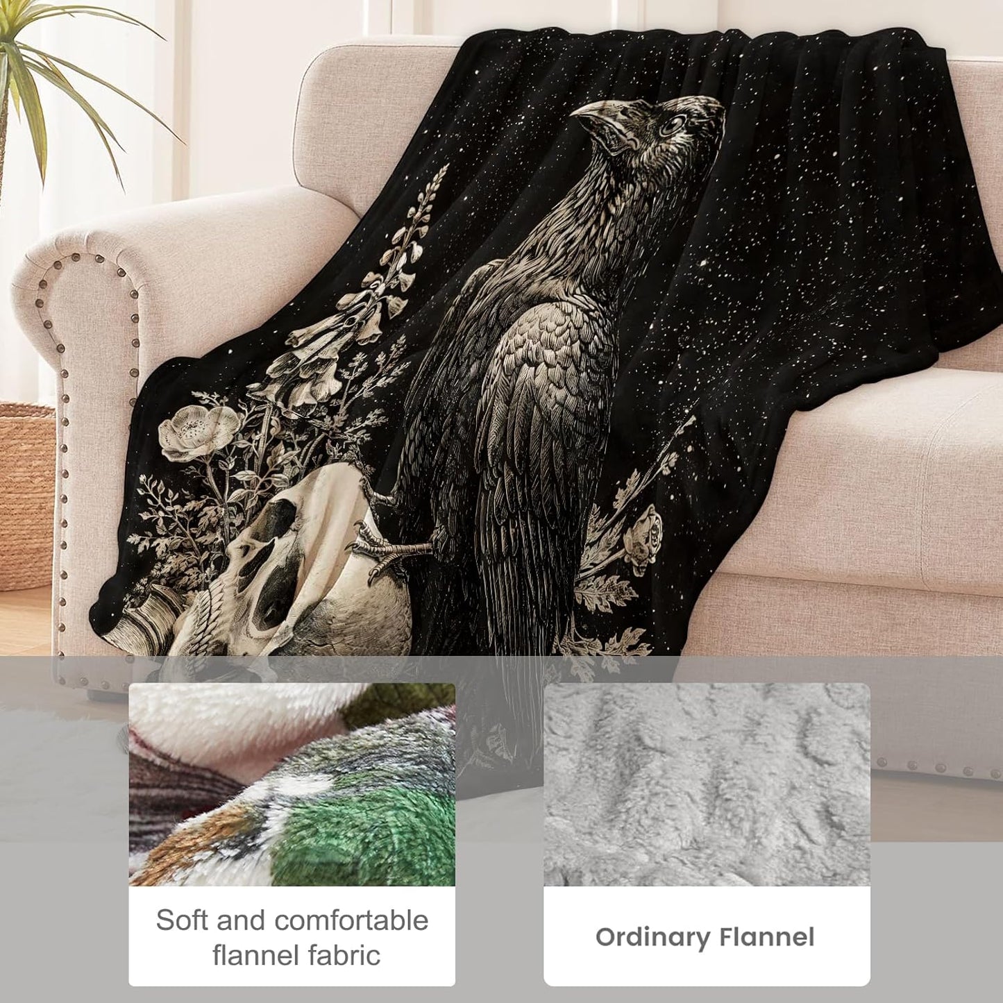 Raven Skull Blanket for Gothic and Dark Nature Lovers, Vintage Skeleton Book Flannel Blankets, Goth Art Gifts, Soft Warm Cozy Throws for Sofa Couch Bed Living Room Bedroom Home Decor 60" x 50"