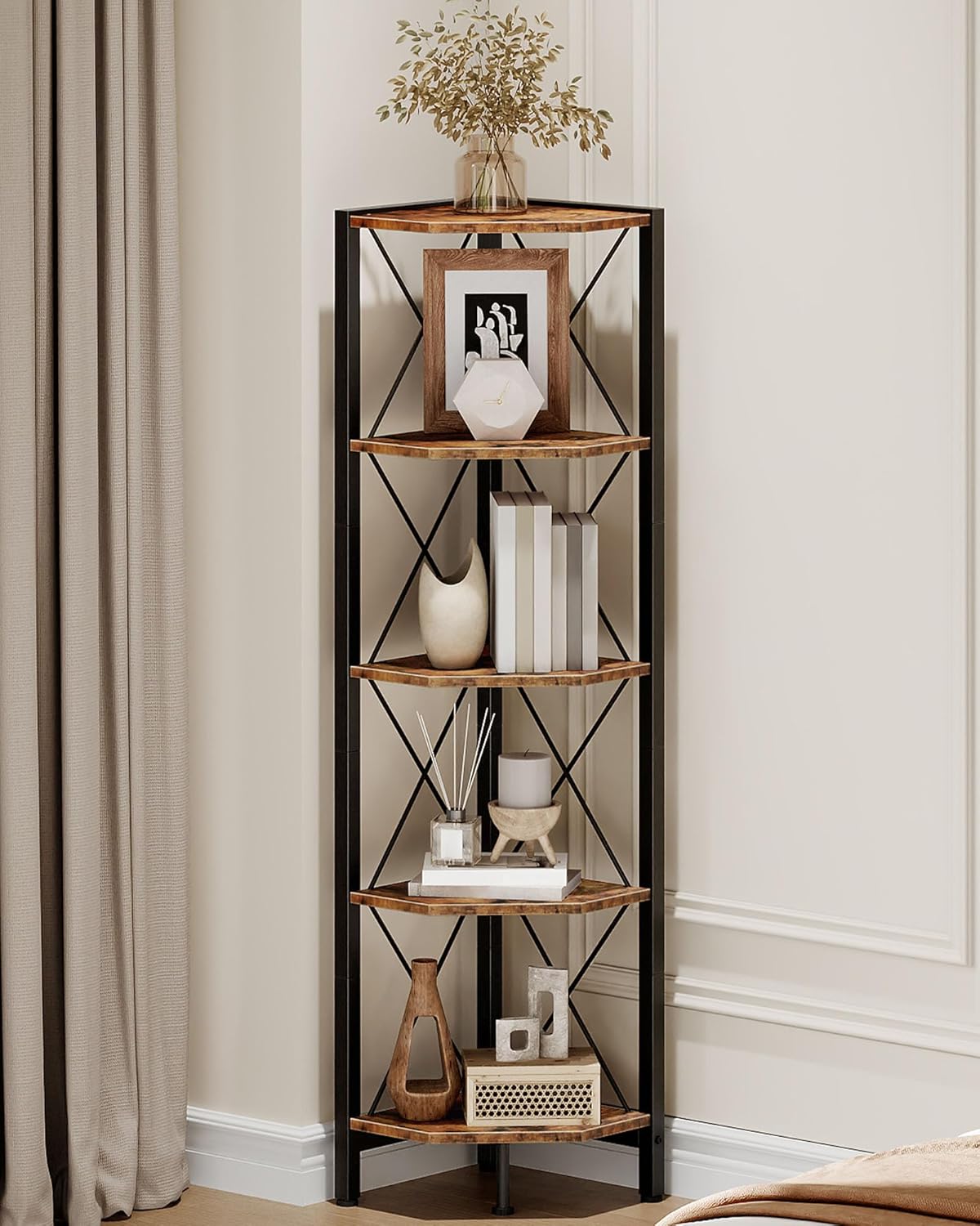 5-Tier Corner Shelf, Corner Bookcase, 55.2" Tall Vertical Display Rack, Plant Stand, Open Storage Shelf, for Living Room, Bedroom, Study, Kitchen, Rustic Brown and Black TCJ12BF