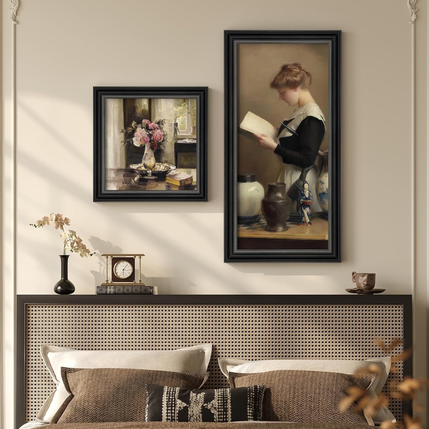 Framed Vintage Wall Art for Bedroom, 2 Piece Neutral Mid Century Modern Aesthetic Canvas Painting Prints, Victorian French Country Floral Woman Peaceful Portrait Artwork for Office Dining Room Decor