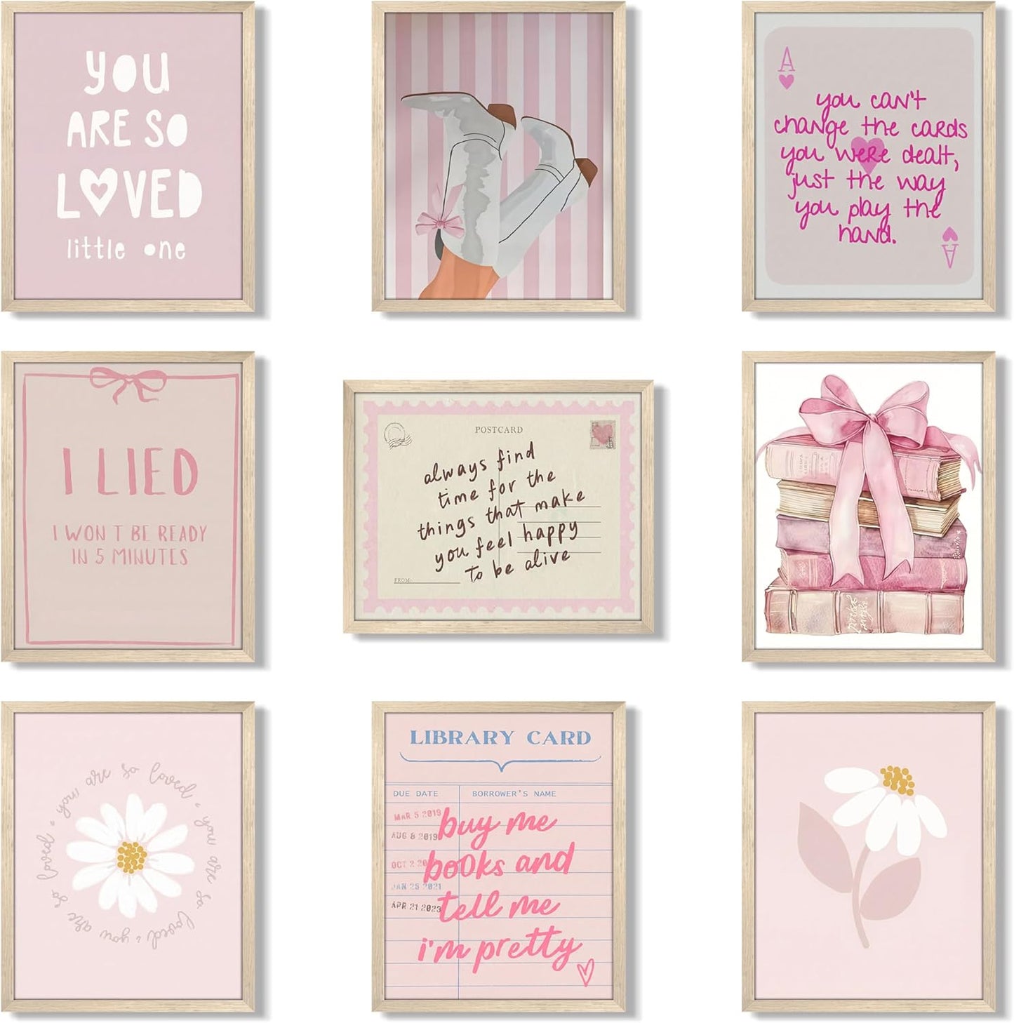 XYHYRA Pink Wall Art Painting Set of 9, Pink Preppy Girly Quote Canvas Prints Painting, Romantic Bow Books Daisy Poster Aesthetic Room Decor for Teen Girls Bedroom Dorm 8x10 Inch Unframed