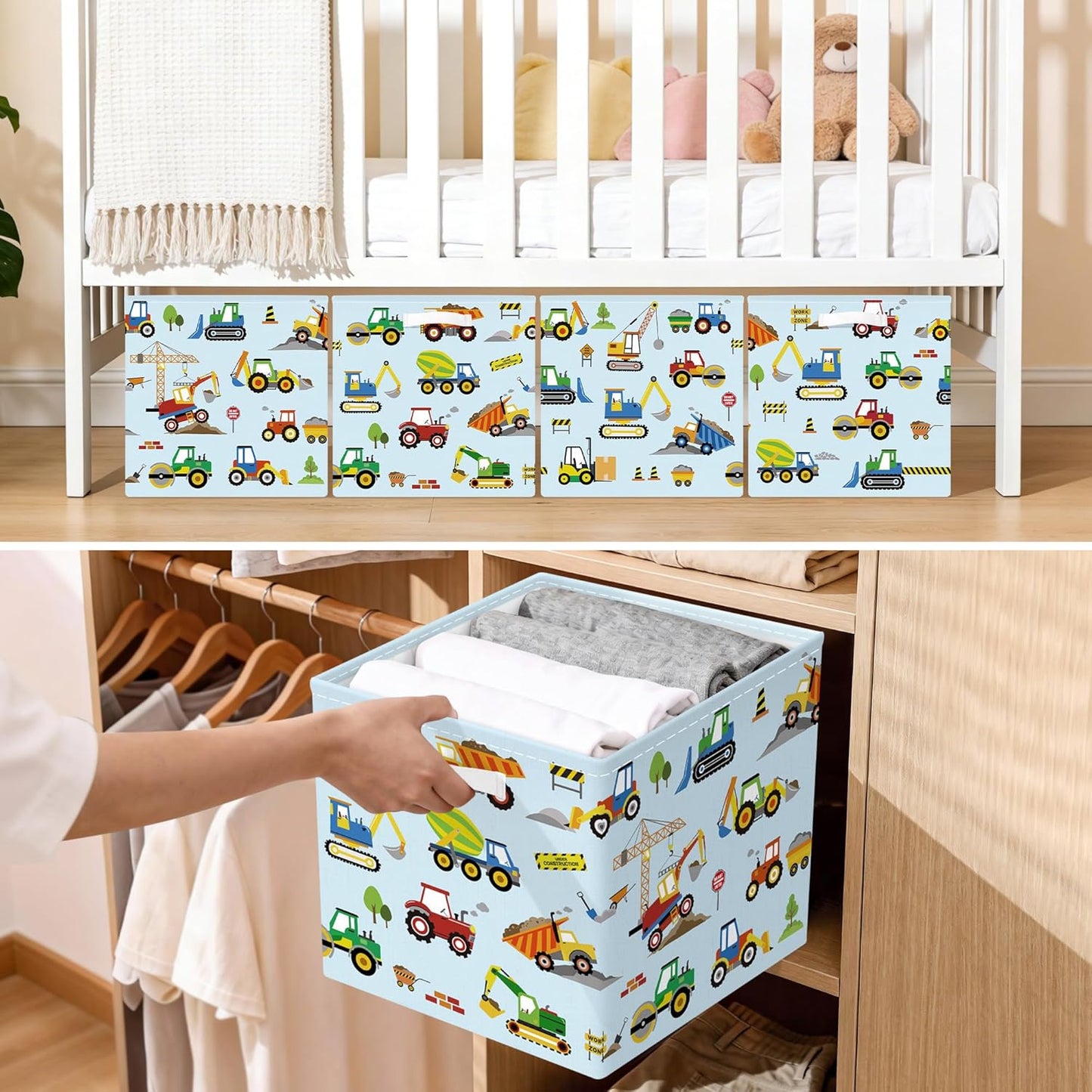 11.8" Engineering Vehicle Cube Storage Organizer Set 3Pcs Pickup Truck Cube Storage Bin for Bedroom Bulldozer Kid Book Toy Chest, Cartoon Car