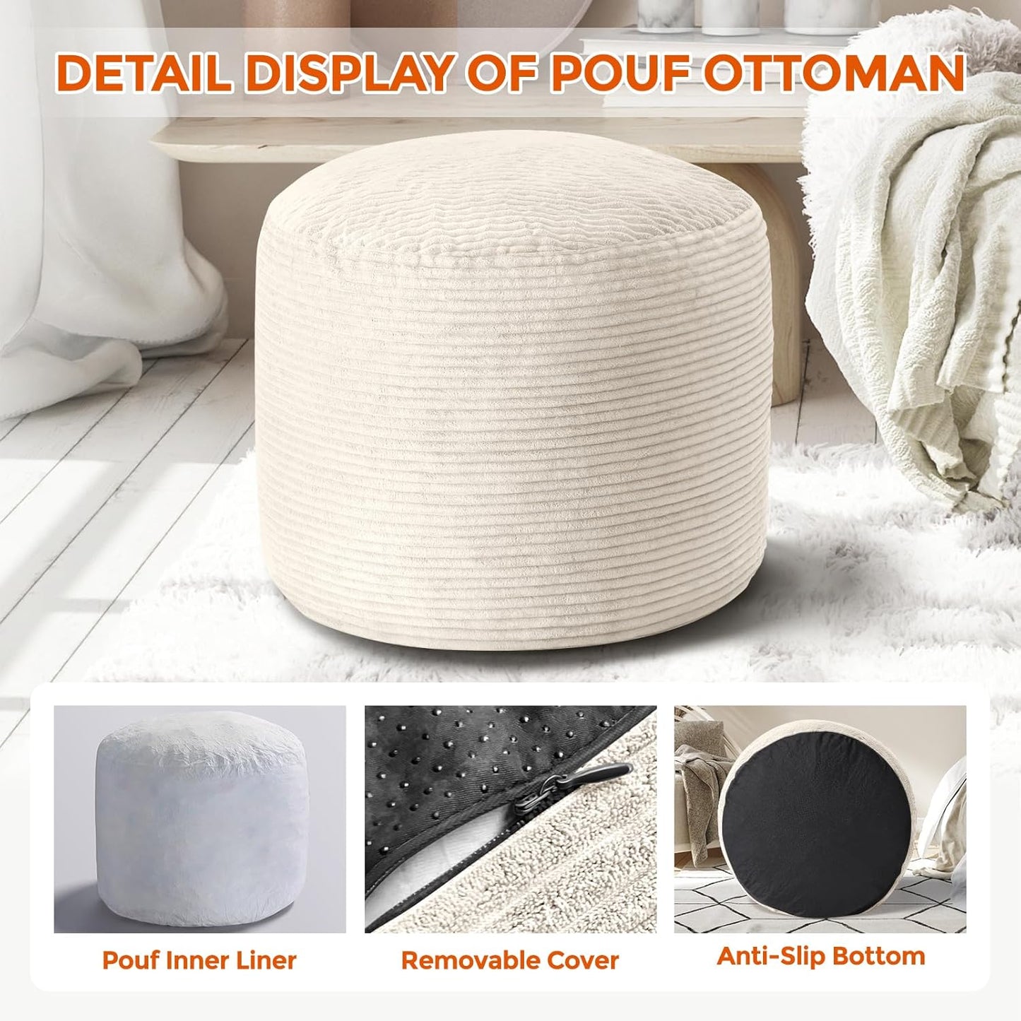Pouf Ottoman Foot Rest, Comfortable & Soft, Round Footstool for Living Room, Bedroom, Office, Room Decoration, Corduroy Foot Stool Pouf with Odorless & Anti-Clump Filling, Large Beige