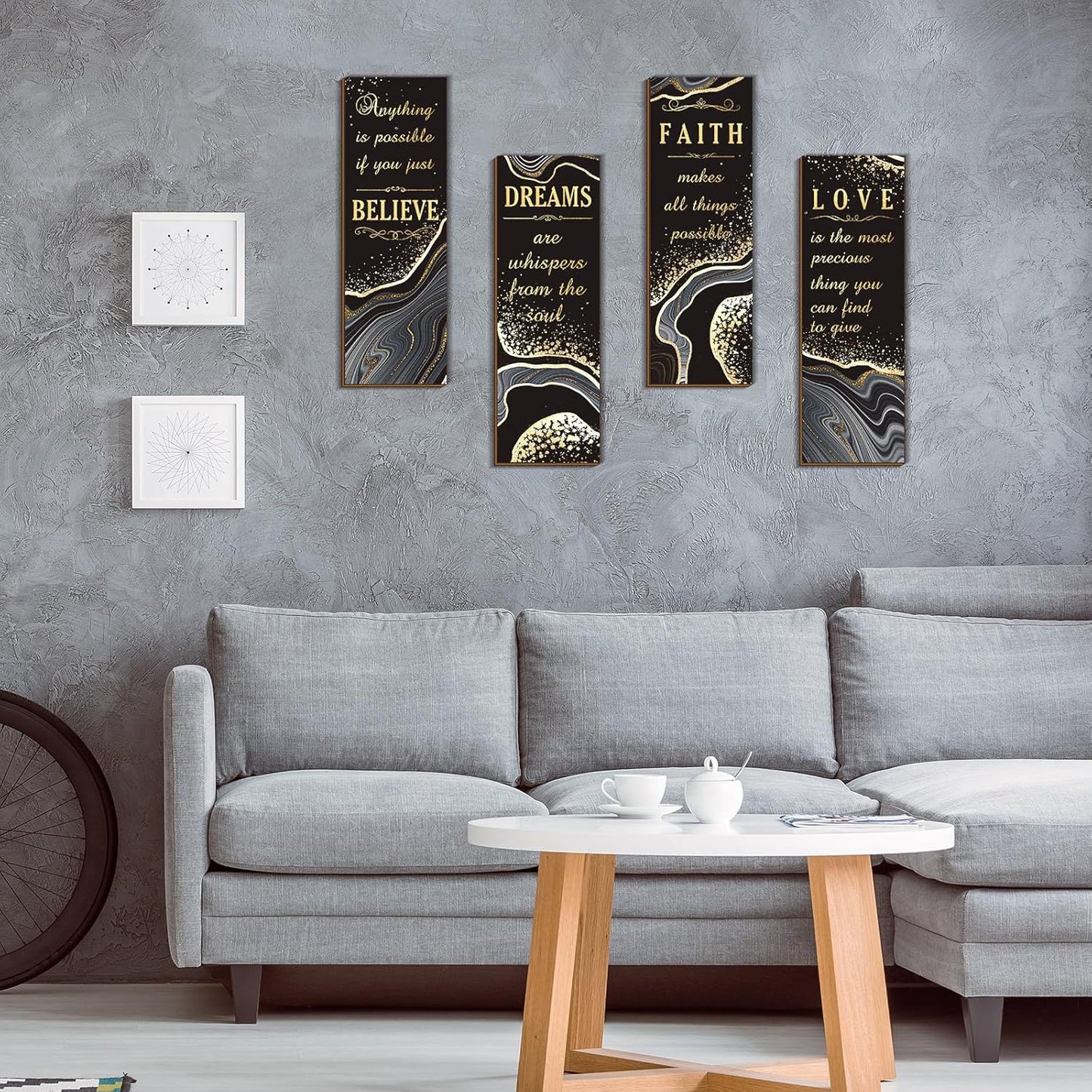 Chitidr 4 Pcs Golden Bathroom Wall Decor Inspirational Quote Wooden Sign Gold Art Signs Love Faith Believe Dream Wall Decor for Living Room Bathroom Accessories(14.17 x 4.72 Inch,Black and Gold)