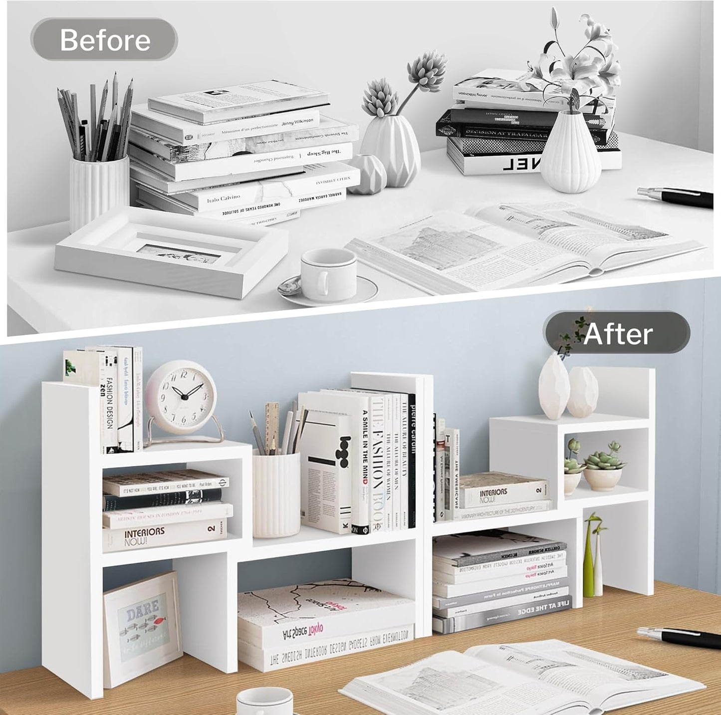 Jerry & Maggie - Desktop Organizer Office Storage Rack Adjustable Wood Display Shelf | Birthday Gifts - Toy - Home Decor | - Free Style Rotation Display - True Natural Stand Shelf (White)