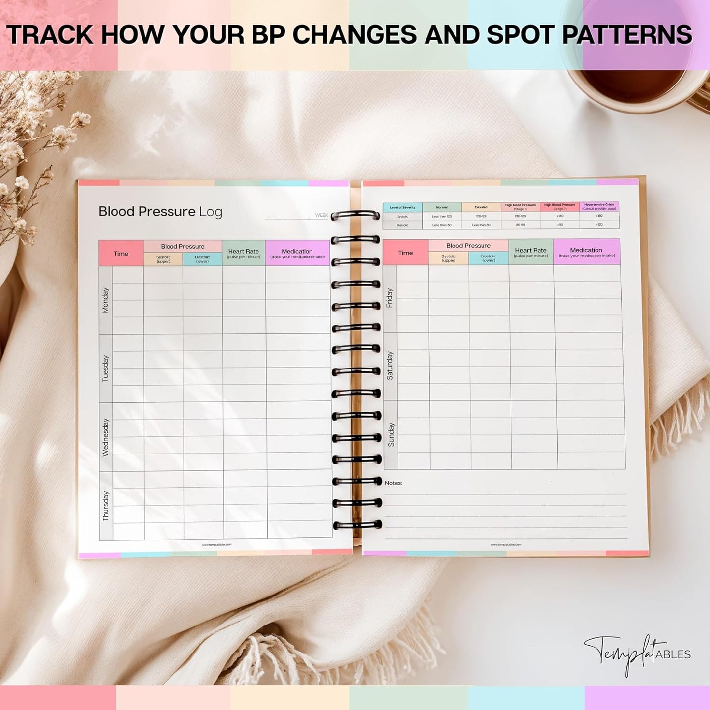 Daily Blood Pressure Log Book | Wire-Bound Journal to Track Blood Pressure, Heart Rate, and Medication | Soft Touch Pastel Cover with Blood Pressure Chart | 120gsm Paper | A5 (5.8" x 8.3") Colorful