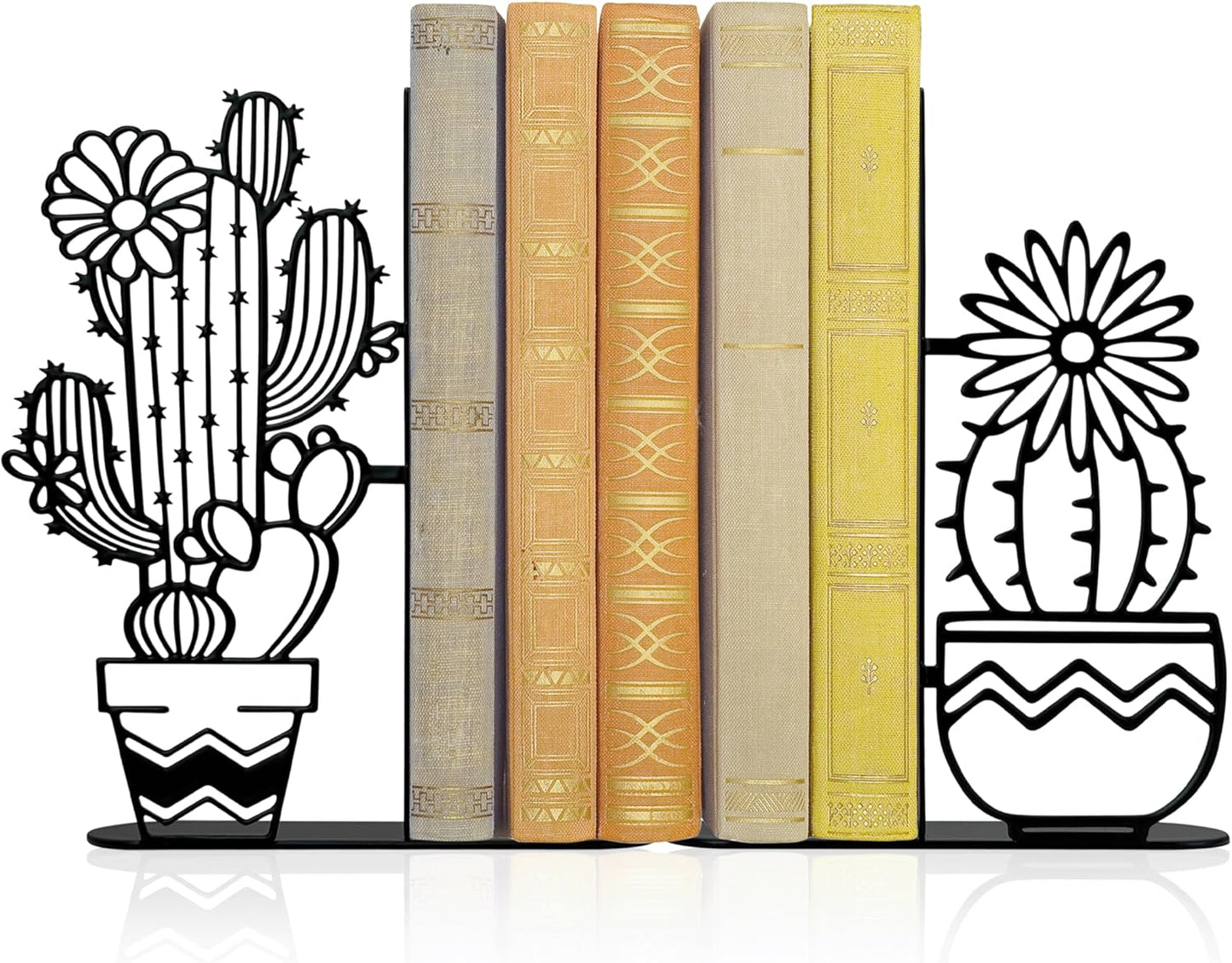 Metal Cactus Planter Book Ends, Dual Wave Pot Design Unique Cute Bookends with Rust Proof Coating, Home Office Decor & Gift for Book Lovers