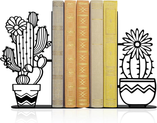 Metal Cactus Planter Book Ends, Dual Wave Pot Design Unique Cute Bookends with Rust Proof Coating, Home Office Decor & Gift for Book Lovers