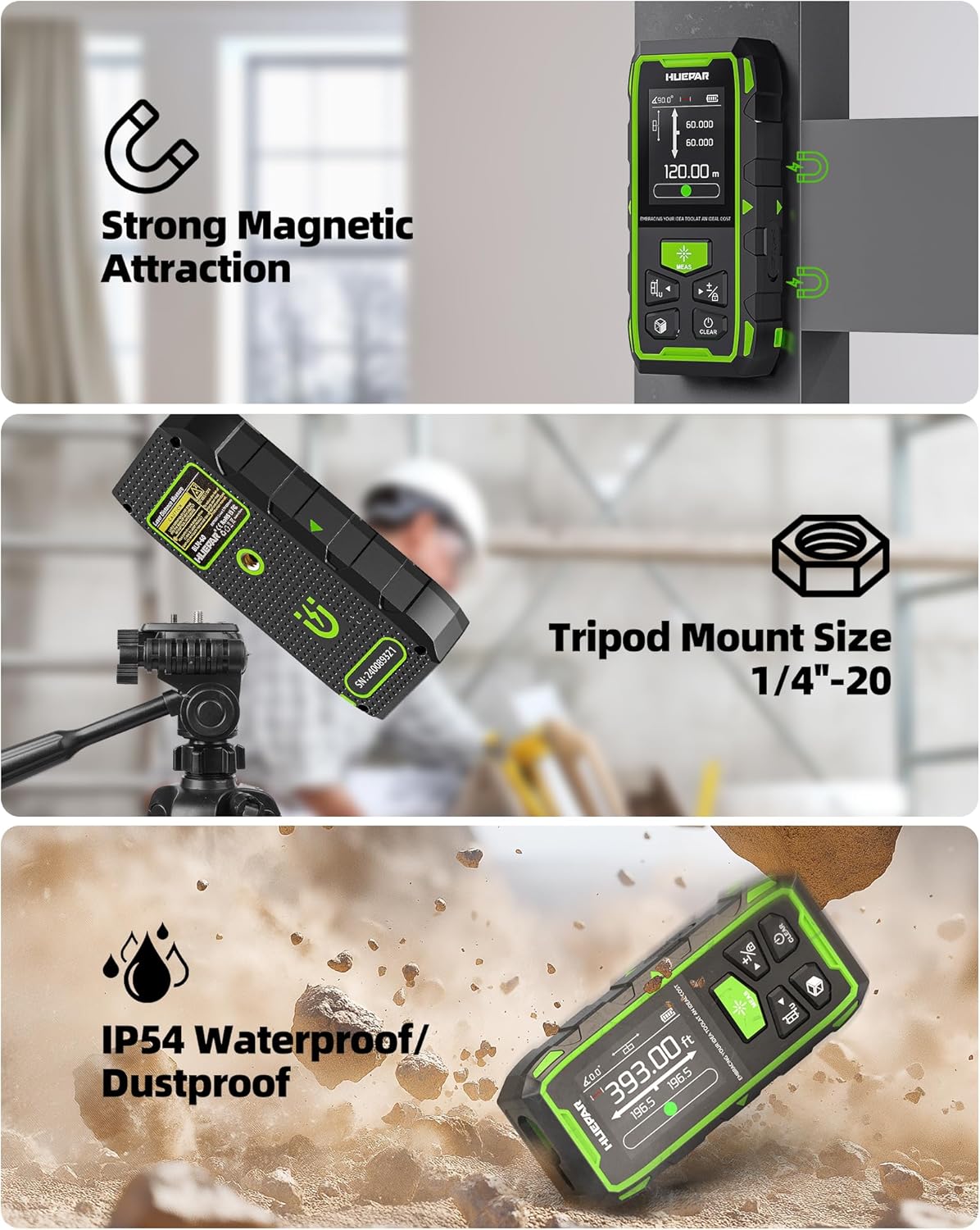 Huepar Professional Dual Laser Measuring Tool 393ft, Rechargeable Bilateral Laser Measurement Tool, Digital Laser Room Measure Devices, Metro Laser Measurement Tool with Angle Sensor, Magnetic Back