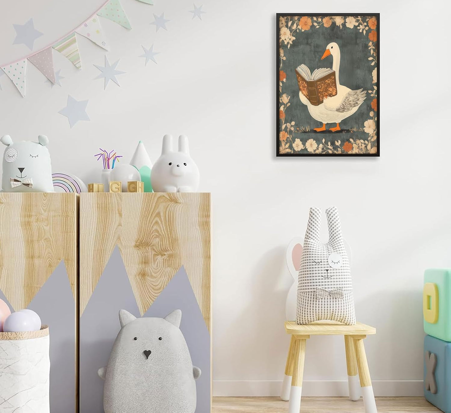 Nursery Book Wall Art Reading Goose Canvas Print Vintage Aesthetic Book Poster Inspirational Educational Picture Botanical Flowers Painting Wall Decor for Library Reading Room Bedroom Unframed