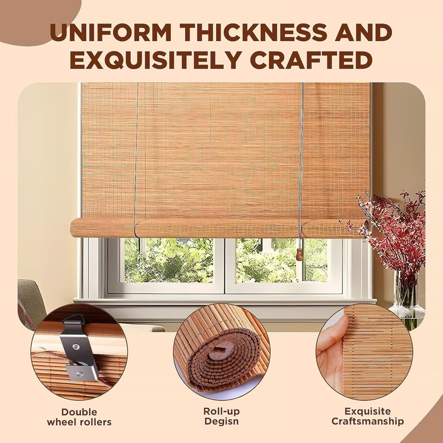 Bamboo Roller Shades Roman Shades for Window: Bamboo Blinds for Interior Windows and Outdoor Patio,Roll Up Blinds for Indoor Porch Light Filtering Sunshade,Easy to Install 36" W X 48" H