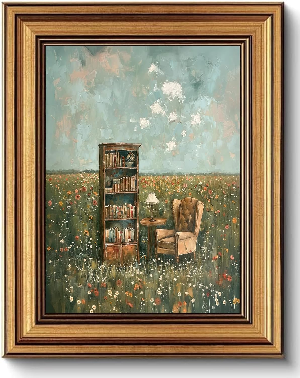 Devunaty Vintage Gold Framed Wall Art for Living Room, Whimsical Book Lover Wall Decor Aesthetic, Country Flower Field Canvas Print Painting, Rustic Farmhouse Book Pictures for Bedroom Library 9"x11"