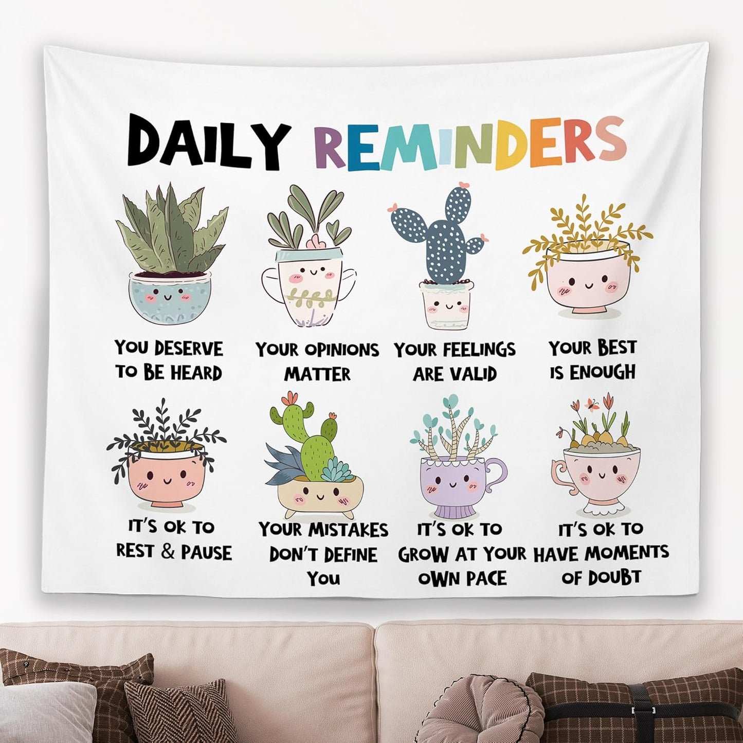 MNOSAIOO Mental Health Floral Wall Tapestry Hanging for Classroom Kids, Daily Reminders Tapestry, Inspirational Cute Cacti Tapestries Wall Decor for Bedroom Therapy Office School Counselor 60x50 inch