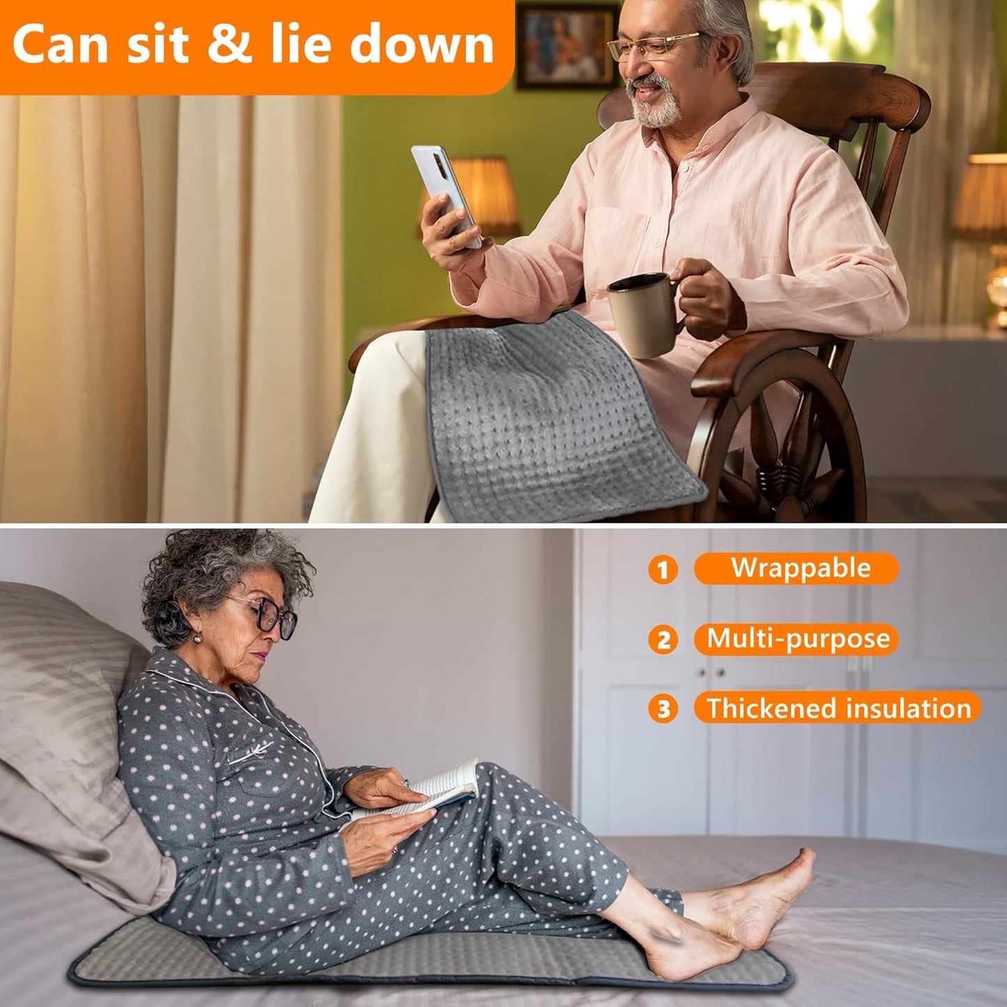 Heated Throw Blanket - 20"x40" Extra Large Heating Pad for Back Pain & Cramps Relief, 10 Heat Modes & 3 Timer Settings, Machine Washable, Electric Throw, Gifts for Her or Him