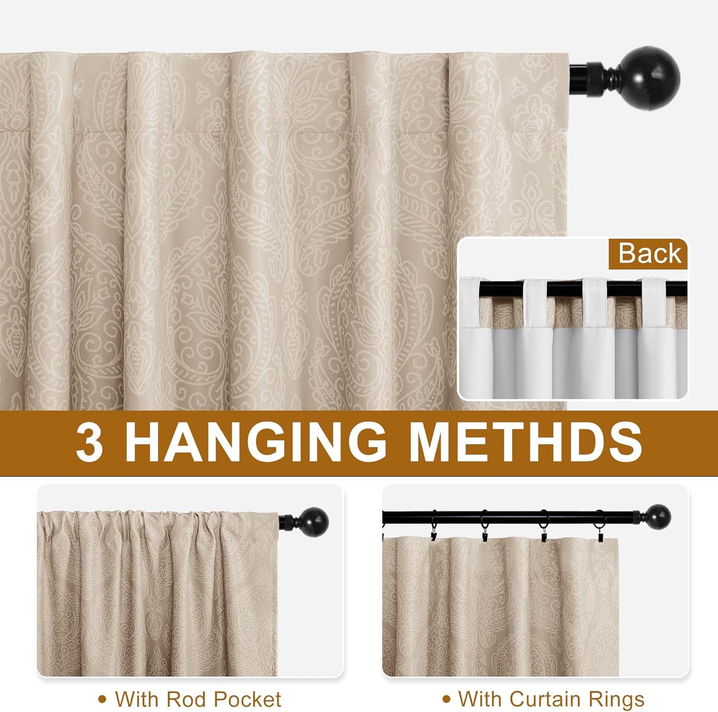 DWCN Damask Patterned Curtains 63 inches Length - Back Tab/Rod Pocket Room Darkening Window Drapes with Tiebacks Thermal Insulted Ombre Blackout Curtains for Bedroom, 2 Panels, W52 x L 63, Taupe