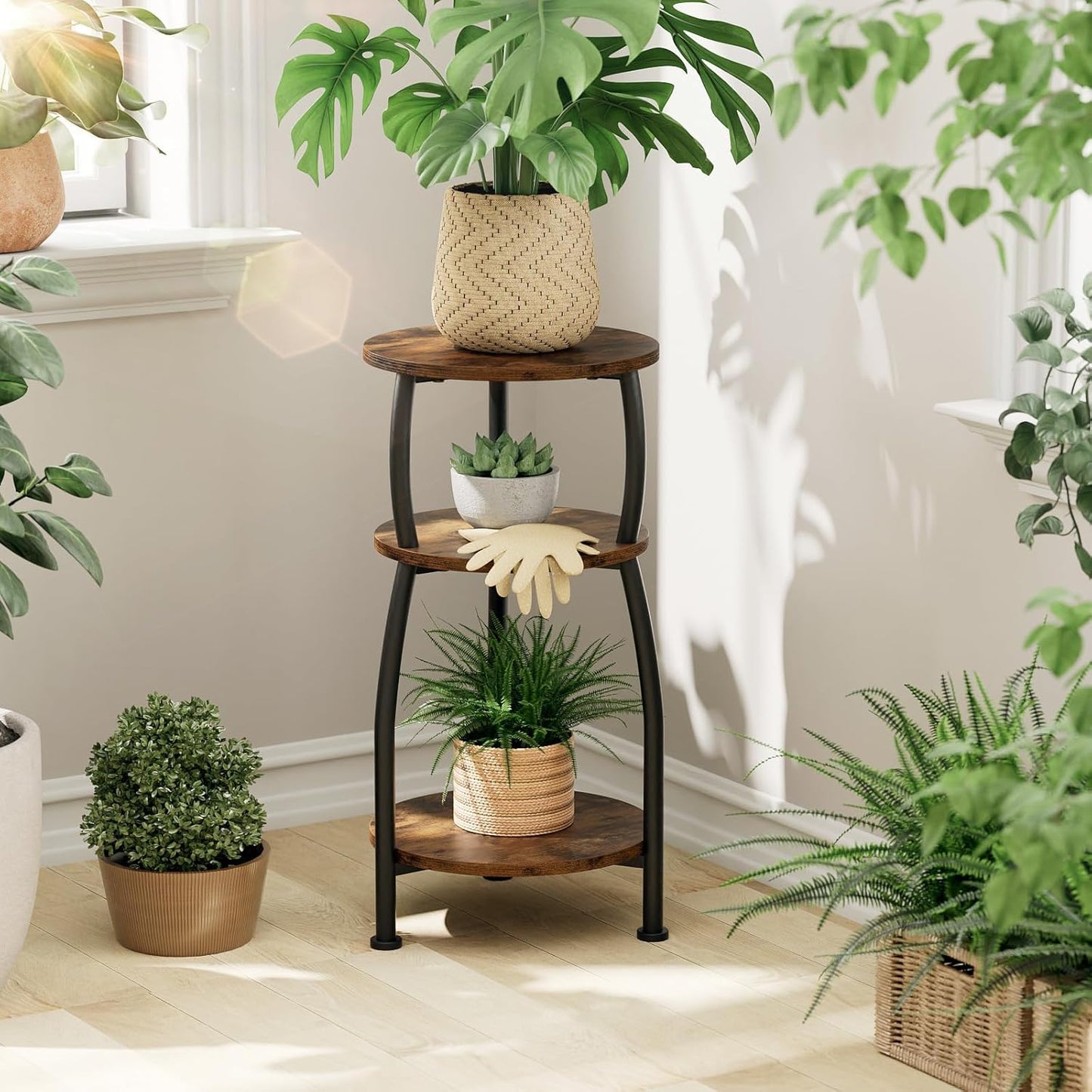 Small Round Side Table, 3-Tier End Table with Storage Shelf, Slim Coffee Table for Small Spaces, Industrial Sofa Table for Narrow Gaps in Living Room & Bedroom, Rustic Brown