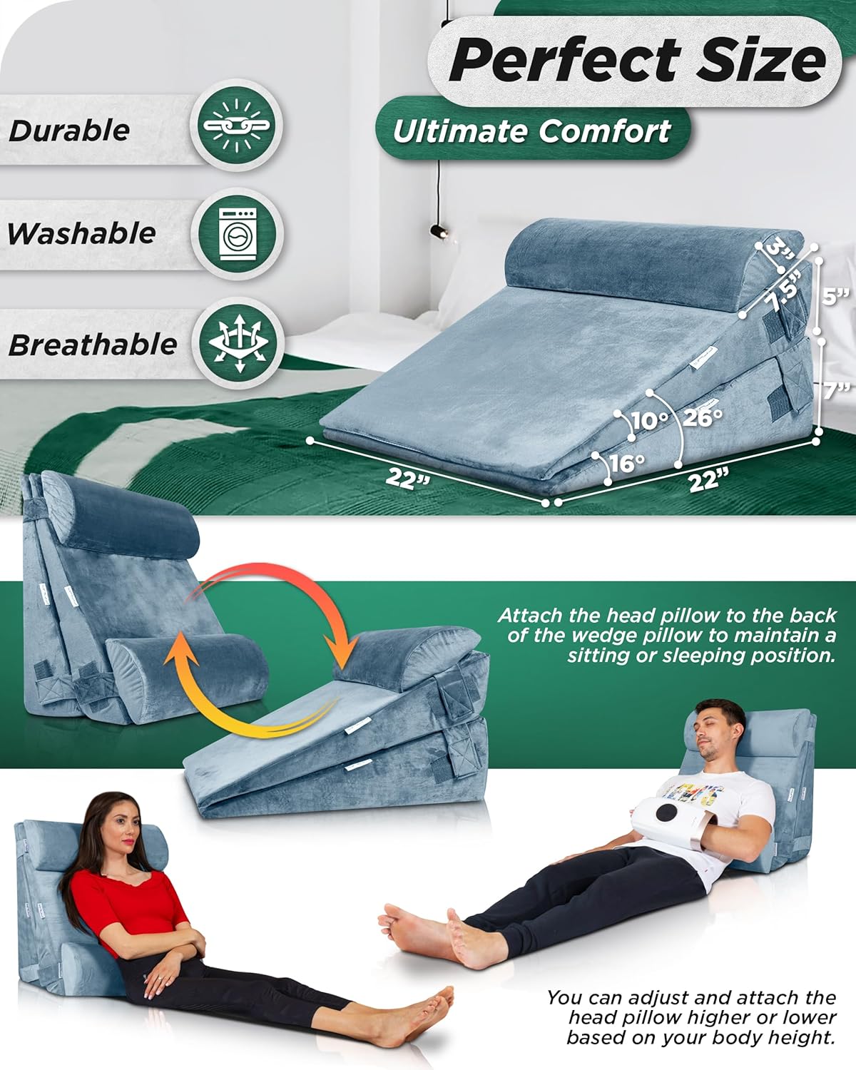Lunix LX8 4-Piece Support for Nighttime Digestive Discomfort & Easier Breathing, Adjustable Height Orthopedic Bed Wedge Pillow Set, Memory Foam, Washable Cover, Cloud Gray