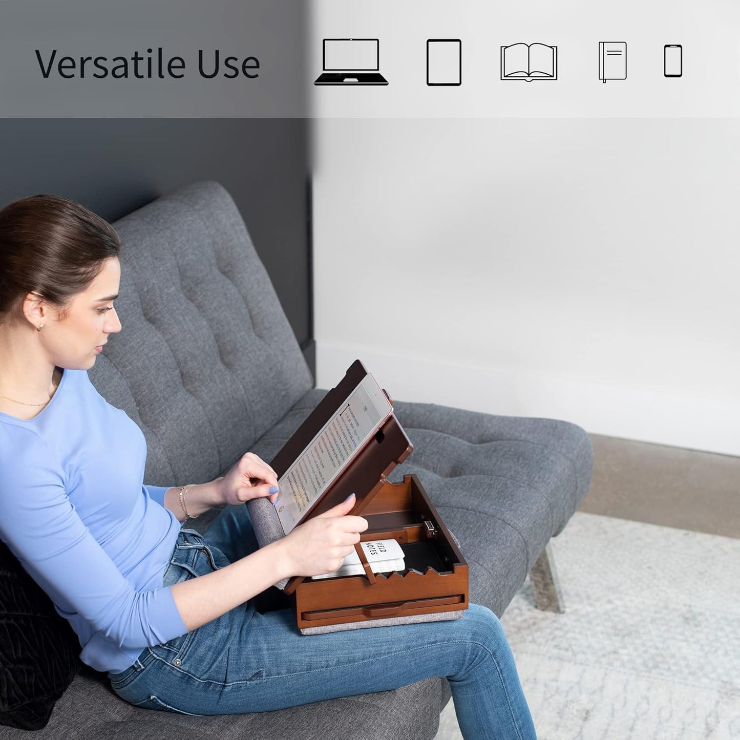 Wooden Tilting Lap Desk for Writing, Drawing, Laptop Work, and More, Height Adjustable Compact Table with Slide-Out Mouse Pad, Internal Storage, Wrist Support, Dark Wood, SX-LAPD-1