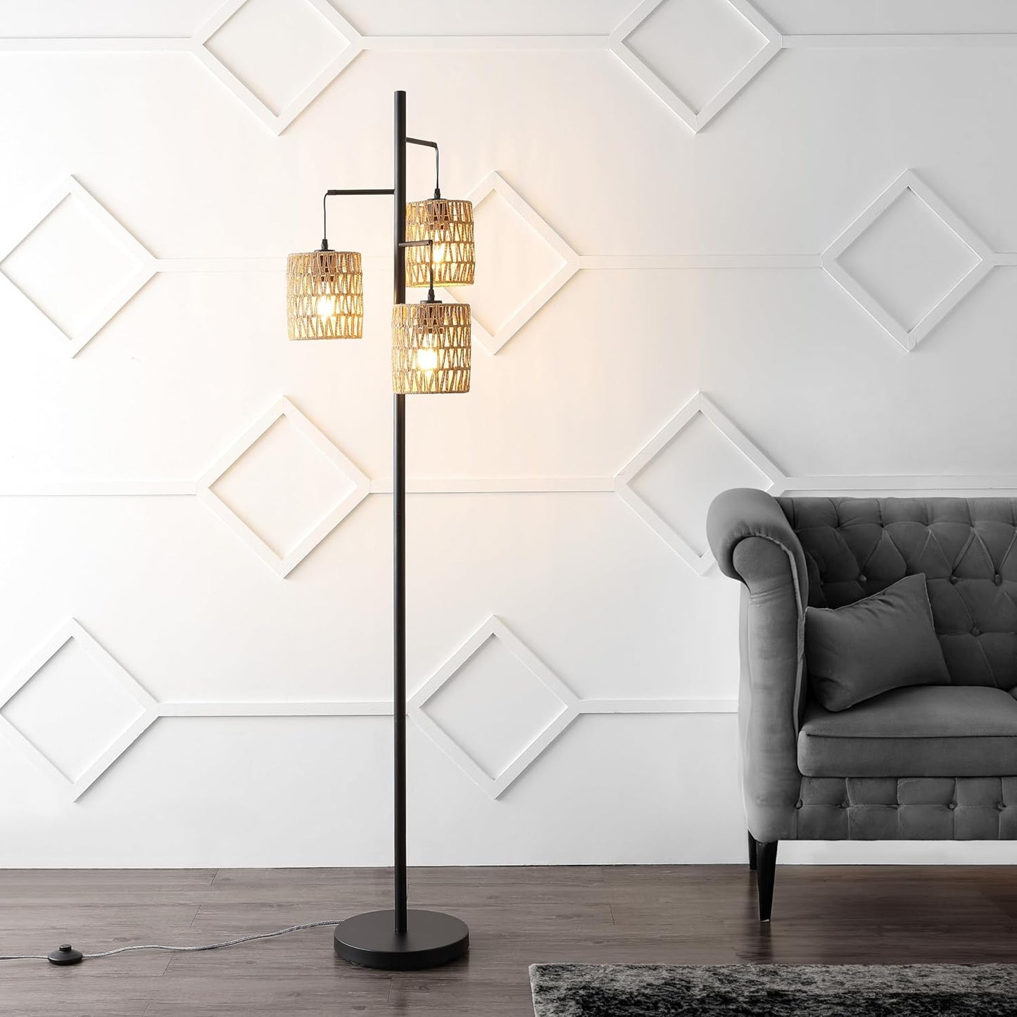 JONATHAN Y 70.75" Black 3-Light Bohemian LED Floor Lamp, Mid-Century Modern Standing Light with Natural Rattan Lantern Shades for Living Room, LED Bulbs Included JYL1150A