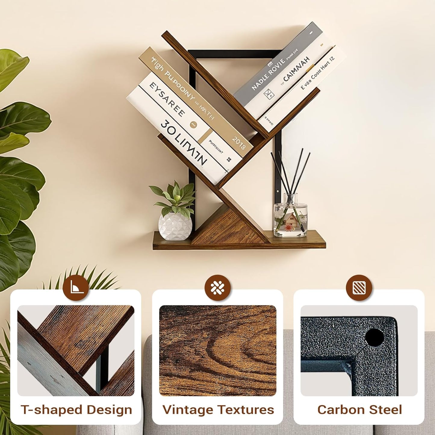 3-Tier Tree Book Shelves for Wall, Small Wall Mounted Shelves, Unique Hanging Bookshelf Storage Rack, Floating Bookshelves Organizer for Living Room, Office, Rustic Brown & Black