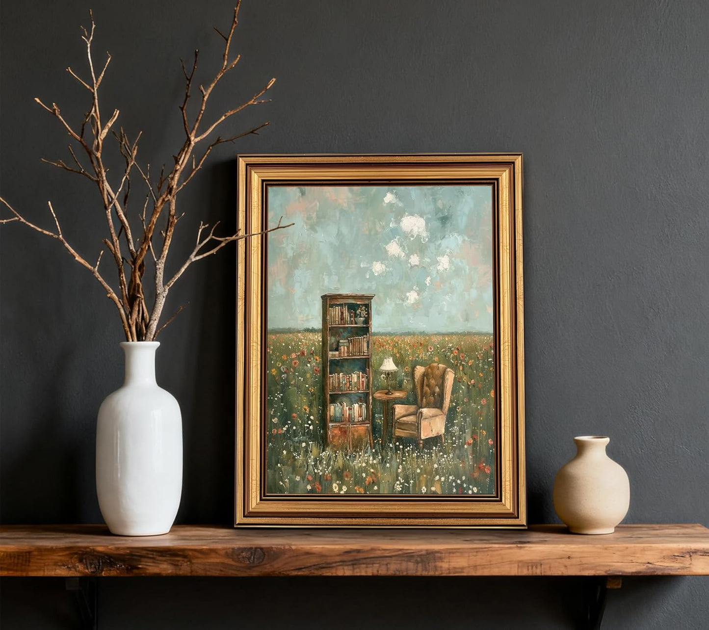 Devunaty Vintage Gold Framed Wall Art for Living Room, Whimsical Book Lover Wall Decor Aesthetic, Country Flower Field Canvas Print Painting, Rustic Farmhouse Book Pictures for Bedroom Library 9"x11"