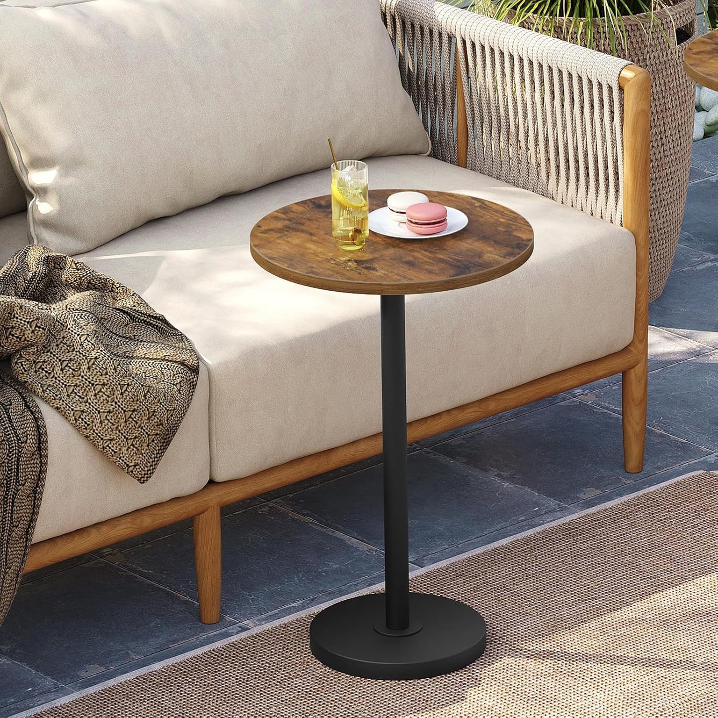 Round Side End Table for Small Spaces, Pedestal Style Martini Drink Side Table in Living Room, Bedroom, Dormitory, Rustic Brown and Black ET30BR