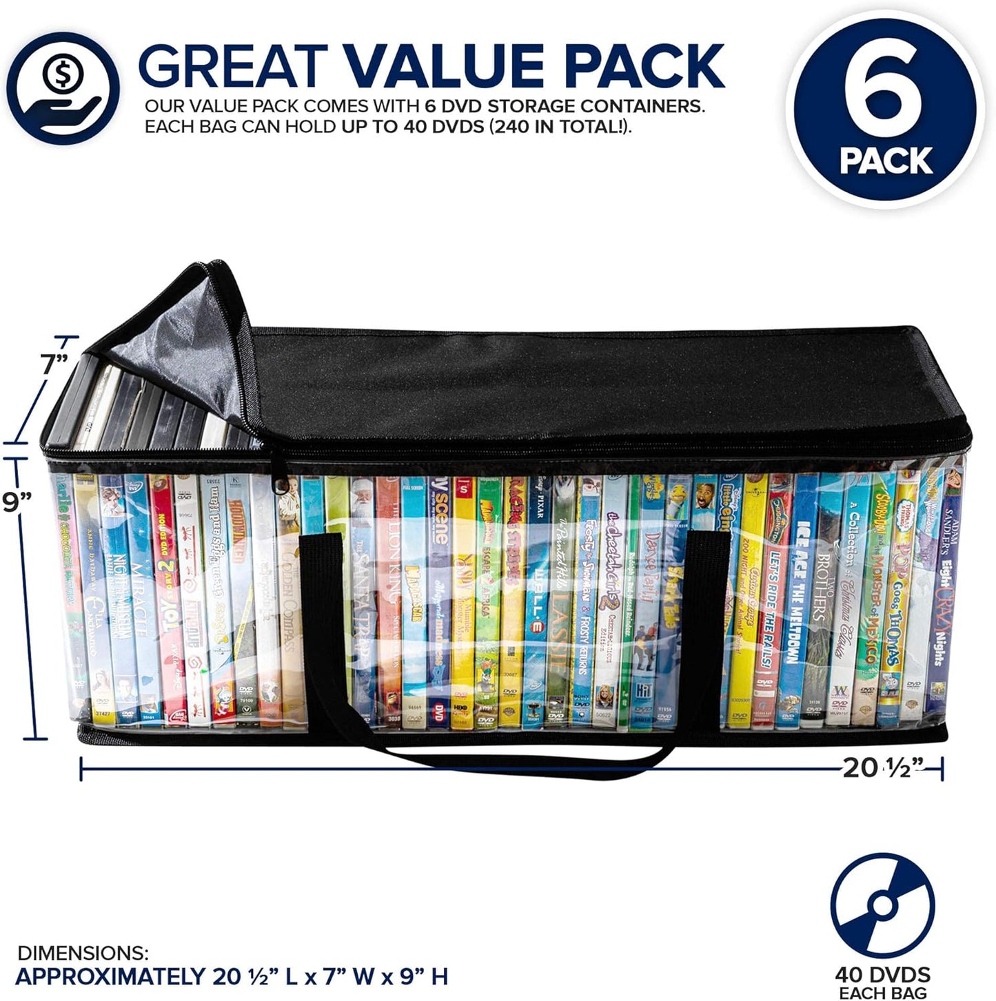 Stock Your Home DVD Storage Bags (Set of 6) Media Organizer Bag for DVDs, CDs, Blu Ray Disc, Movie Cases, VHS Box, Video Game Disks, Clear Plastic Holders with Carrying Handles and Zipper - Black