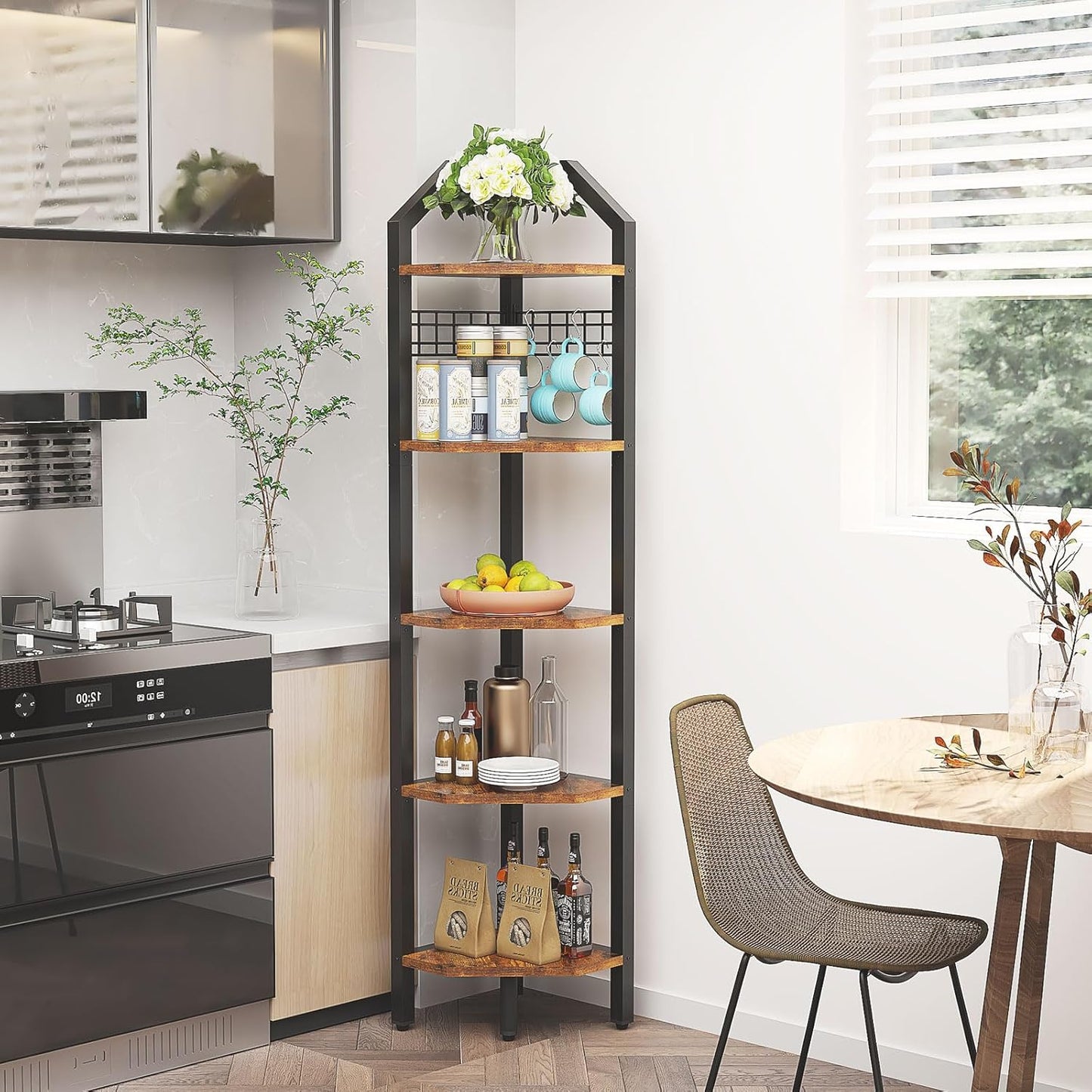 YMYNY 5-Tier Corner Shelf, Freestanding Corner Bookshelf, Plant Stand, Industrial Bookcase, Multi Storage Shelf Rack for Living Room, Bathroom, Bedroom, Small Space, Rustic Brown, 69" H, UHBR006H