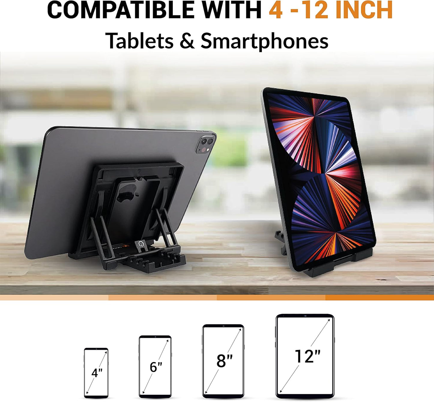 Portable Tablet Stand for Desk, Multi-Angle iPad Holder, Non-Slip Base, Foldable & Travel-Friendly for iPad, iPhone, Kindle, Galaxy Tablets