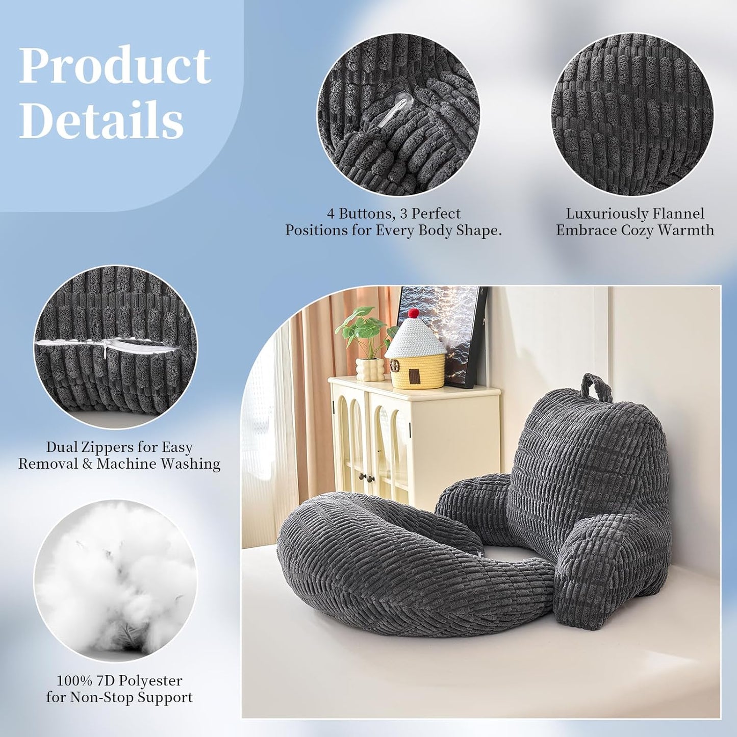 Back Pillow for Bed Sitting Up,U Shaped & Back Support Pillow for Bed,19" Backrest with Lumbar&Arm Support,Comfy Corduroy Fabric,Lap Pillow for Gaming/Reading/Watching TV,Grey