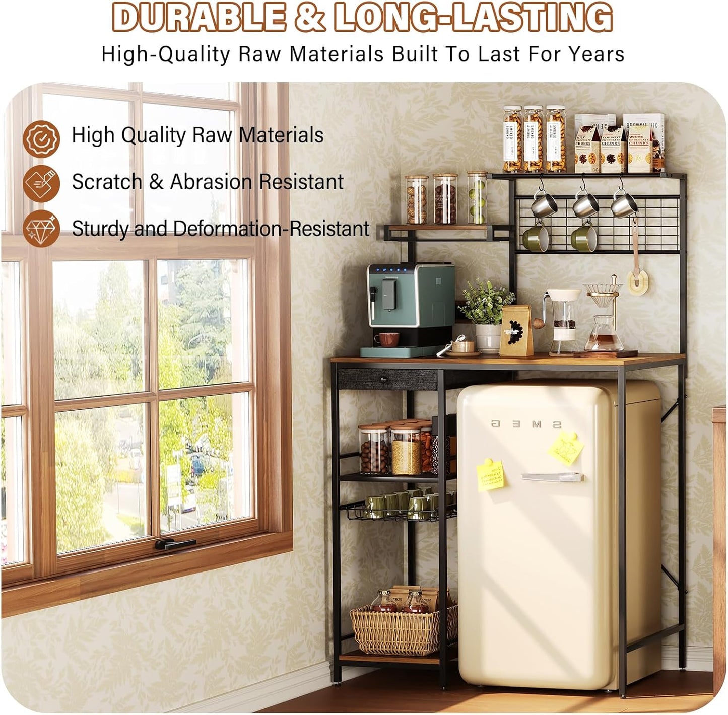 CozyDH Large Bakers Rack with Power Outlet, Kitchen Microwave Stand with Storage Shelves, Wire Basket and 12 S-Shaped Hooks, 35.4 Inches Rustic Brown Coffee