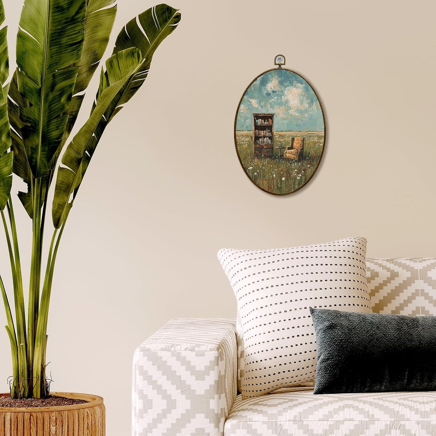JQF Vintage Whimsical Book Lover Oval Wall Art, Book Reading Oval Canvas Wall Art, Retro Bookish Aesthetic Library Framed Prints Hanging Decor for Reading Room Bedroom Home, 8.5x11.5 Inch