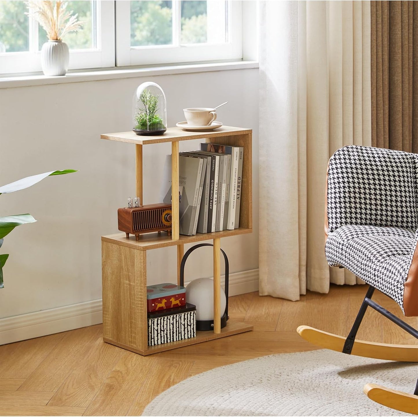 Narrow Side Table, S-Shaped Slim End Table Geometric Bookshelf, with Open Storage, for Small Space, Living Room, Bedroom, Oak Color YD-ST003R